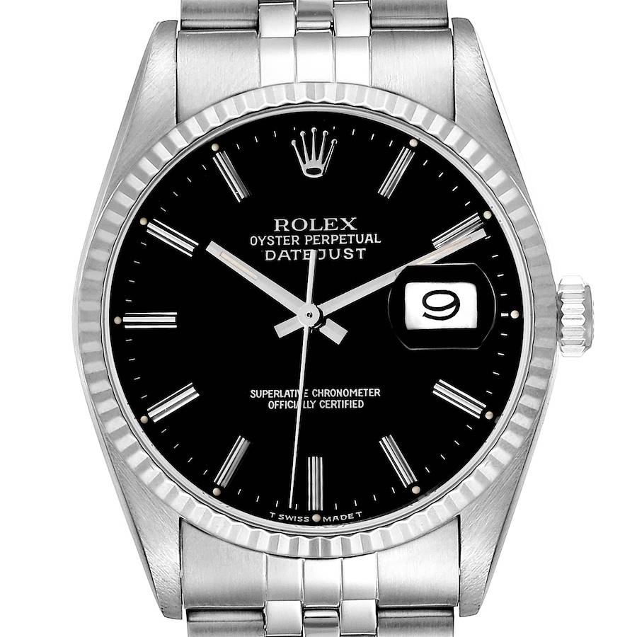 Rolex Datejust Steel White Gold Black Dial Mens Watch 16234 Box Papers SwissWatchExpo