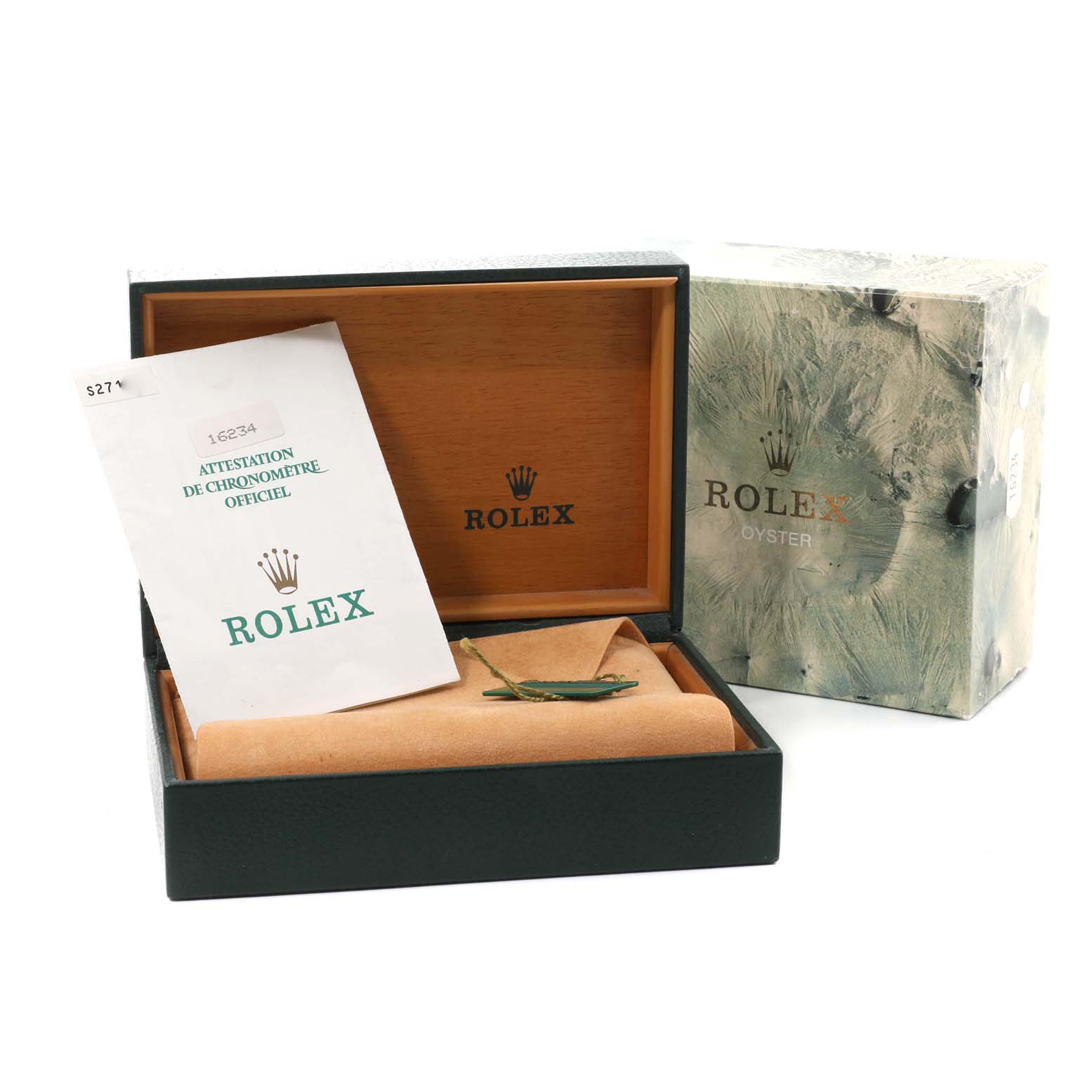 The image shows a Rolex Datejust 16234 Men's Stainless Steel Black Dial 16234 Men's Stainless Steel Black Dial box, an official chronometer certification, and packaging.