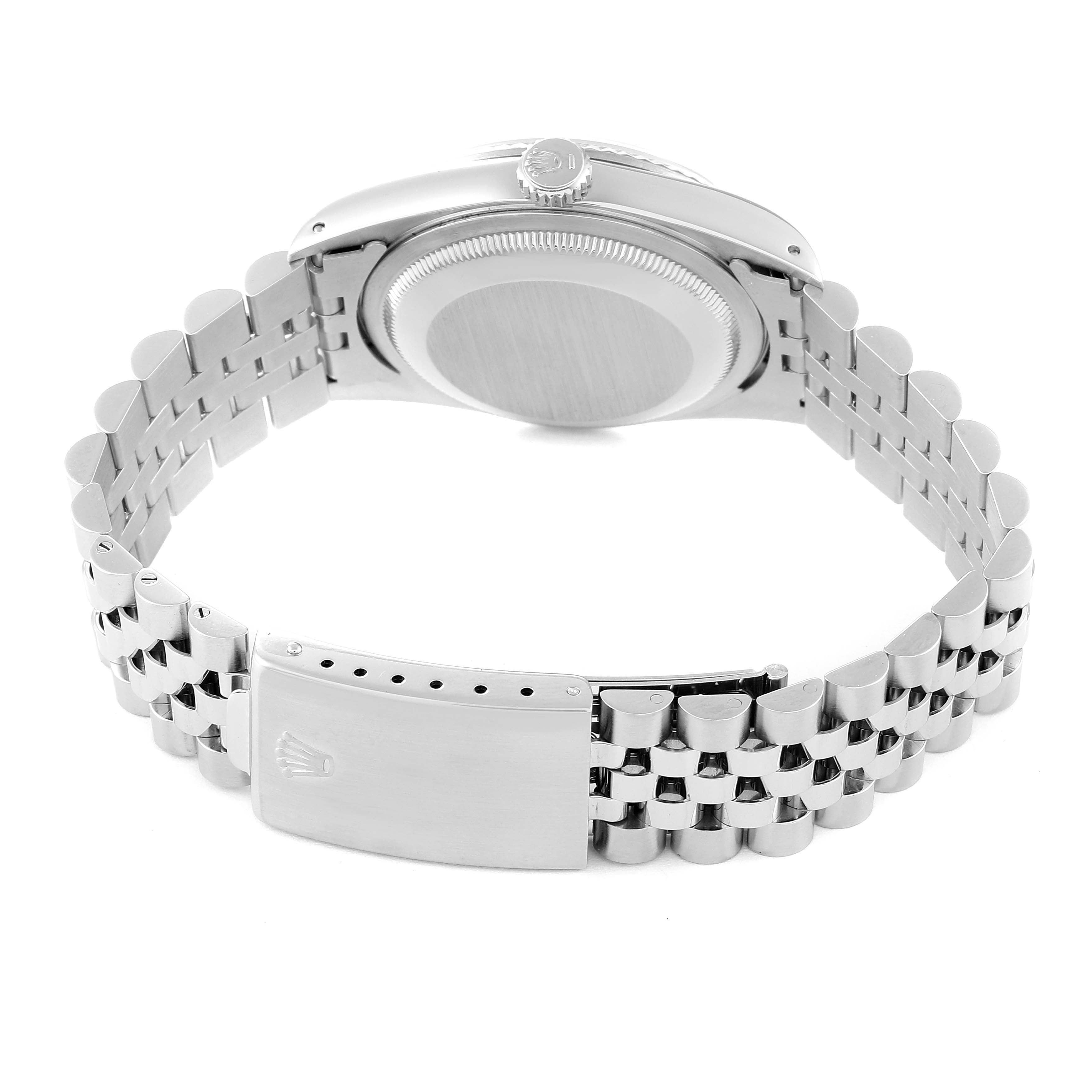 The image shows the back view of a Rolex Datejust 16234 Men's Stainless Steel Black Dial 16234 Men's Stainless Steel Black Dial watch, highlighting the case back and bracelet with the clasp.