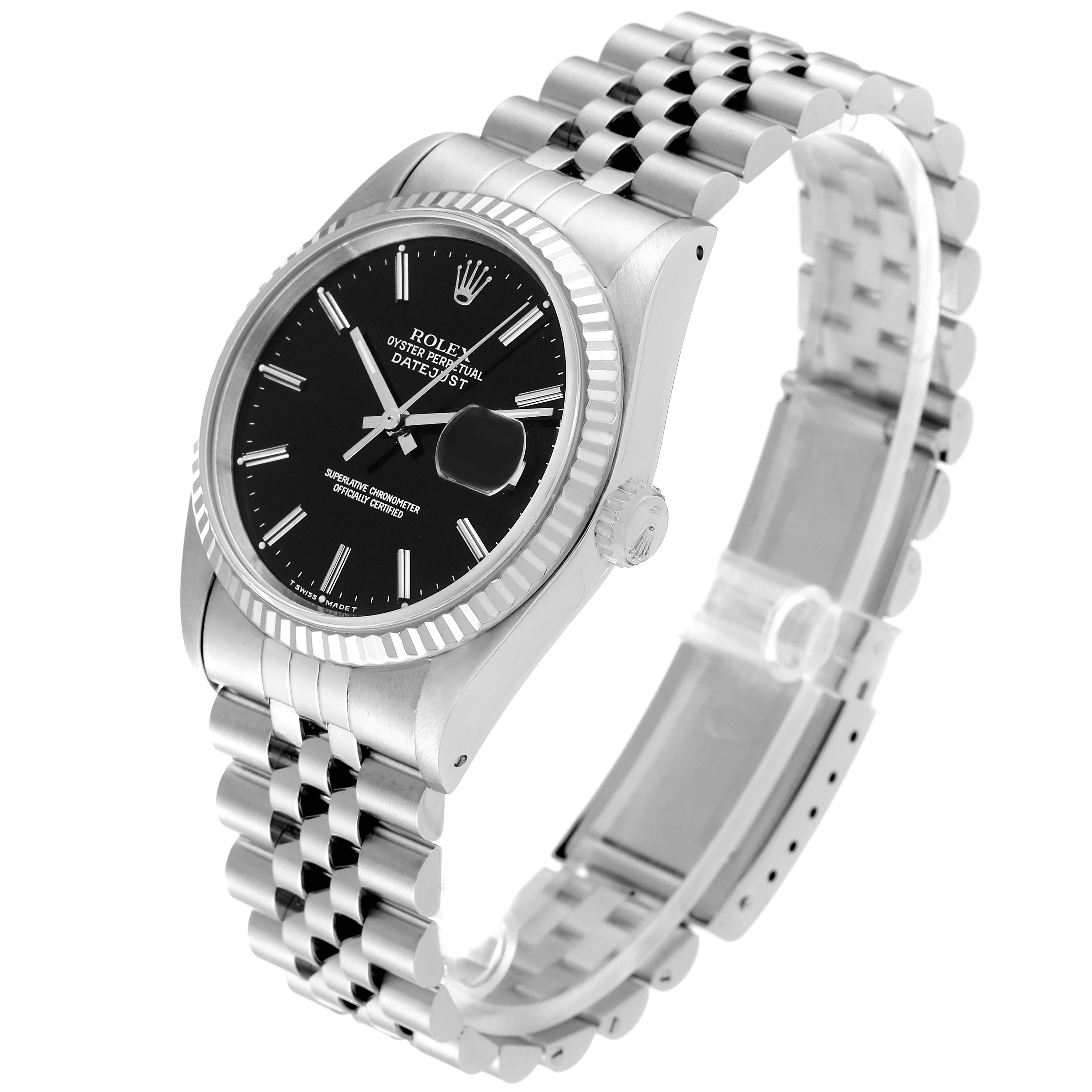 This image shows a Rolex Datejust 16234 Men's Stainless Steel Black Dial 16234 Men's Stainless Steel Black Dial model watch at a three-quarter angle, highlighting the black dial, fluted bezel, and jubilee bracelet.