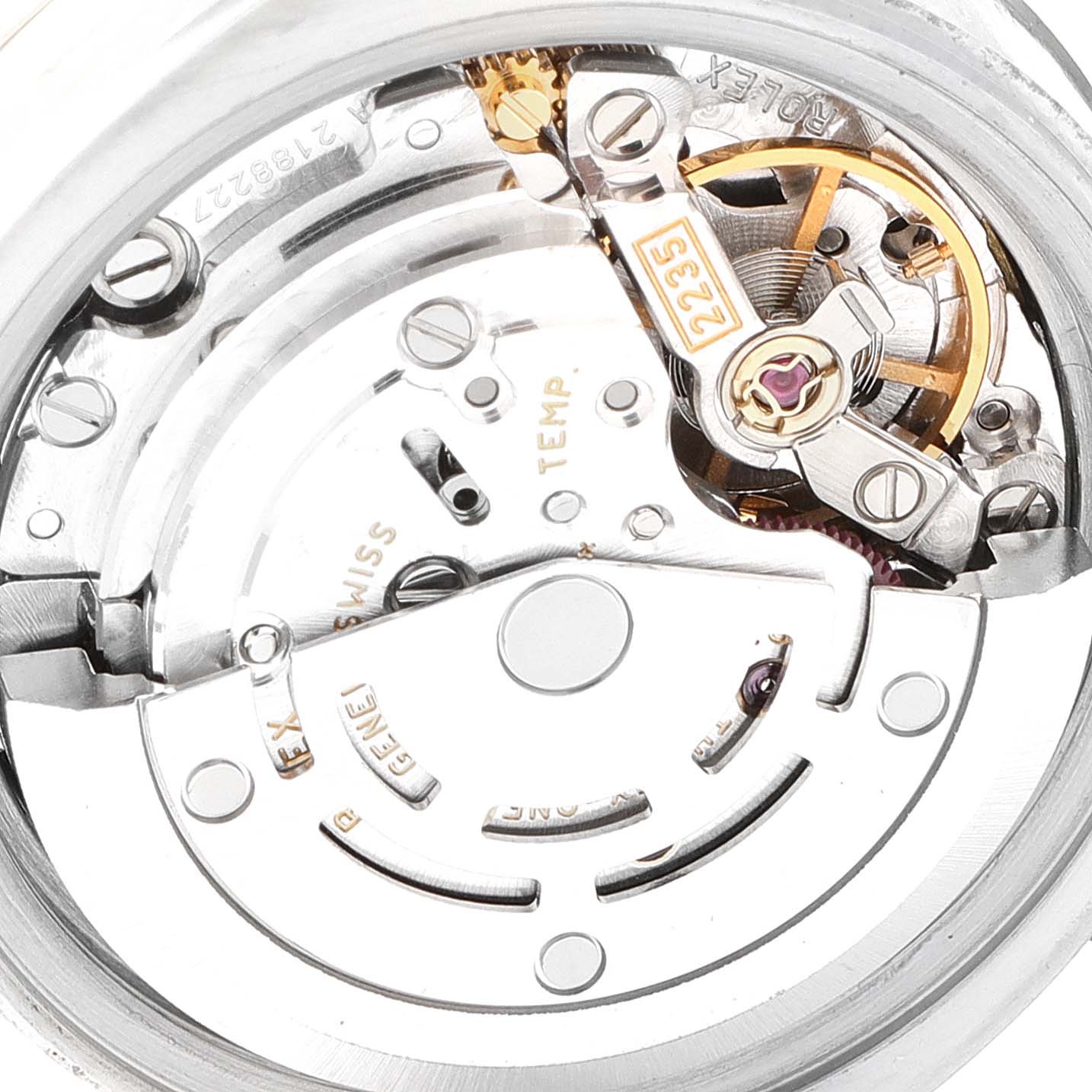 This image shows a close-up of the movement mechanism inside a Rolex Datejust 179174 Women
s Stainless Steel Mother of Pearl Dial 179174 Women
s Stainless Steel Mother of Pearl Dial watch.