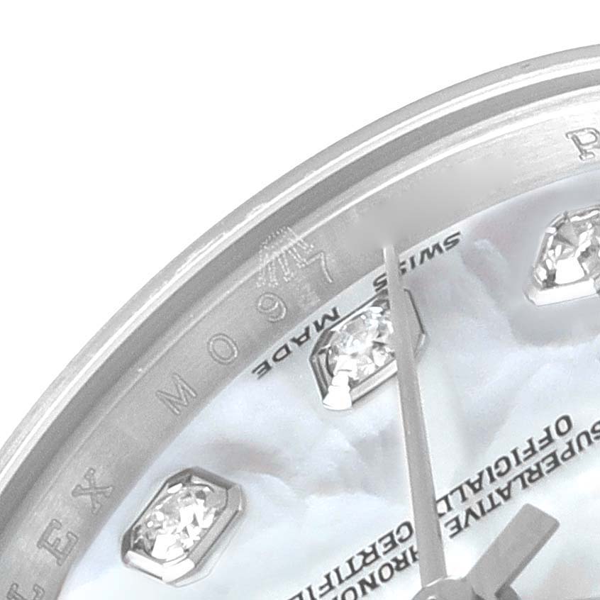 The close-up image shows the face, diamond markers, and engraved details of the Rolex Datejust 179174 Women
s Stainless Steel Mother of Pearl Dial 179174 Women
s Stainless Steel Mother of Pearl Dial watch.