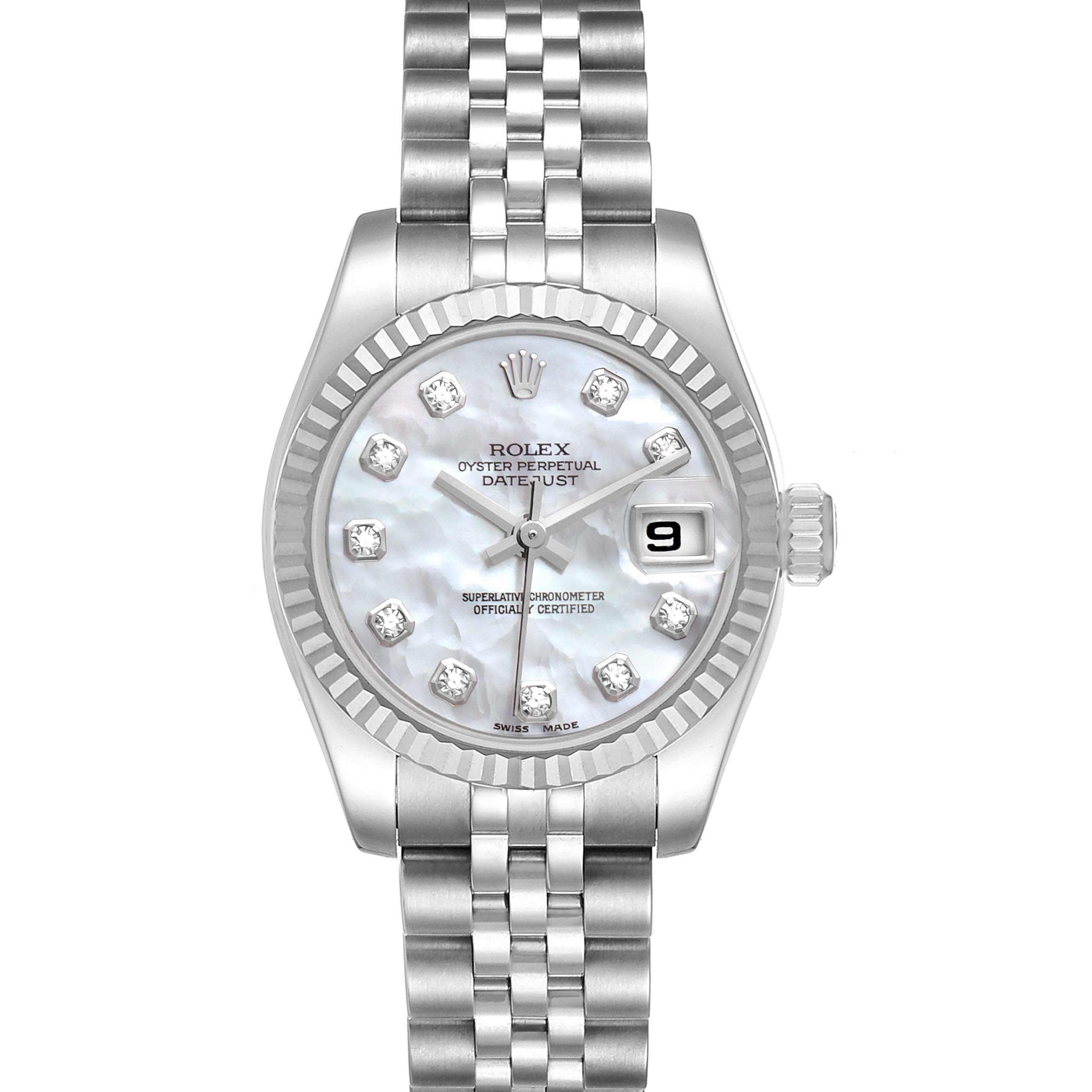 The Rolex Datejust 179174 Women
s Stainless Steel Mother of Pearl Dial 179174 Women
s Stainless Steel Mother of Pearl Dial watch is shown from a straight-on angle, displaying its face, bezel, and bracelet.
