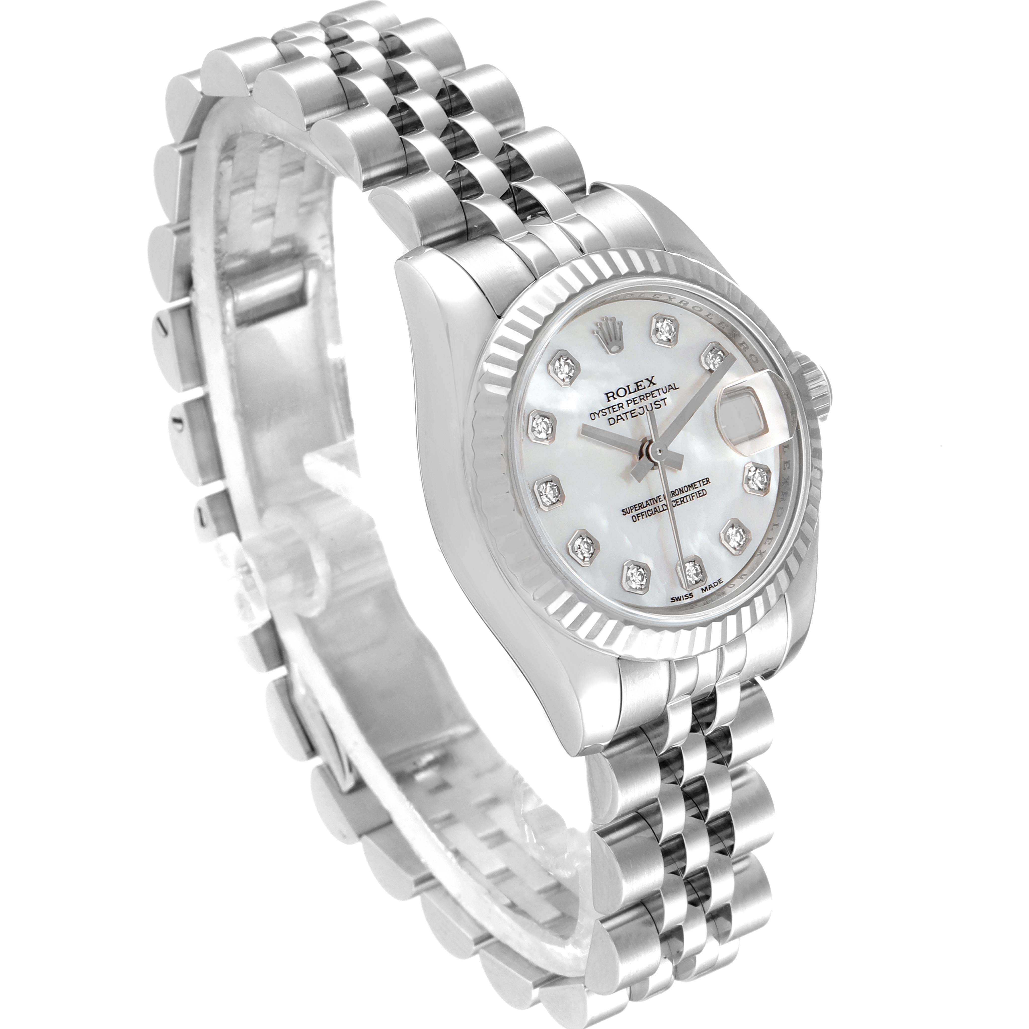 This image shows a Rolex Datejust 179174 Women
s Stainless Steel Mother of Pearl Dial 179174 Women
s Stainless Steel Mother of Pearl Dial watch at a slight angle, highlighting the bracelet, dial, and bezel.
