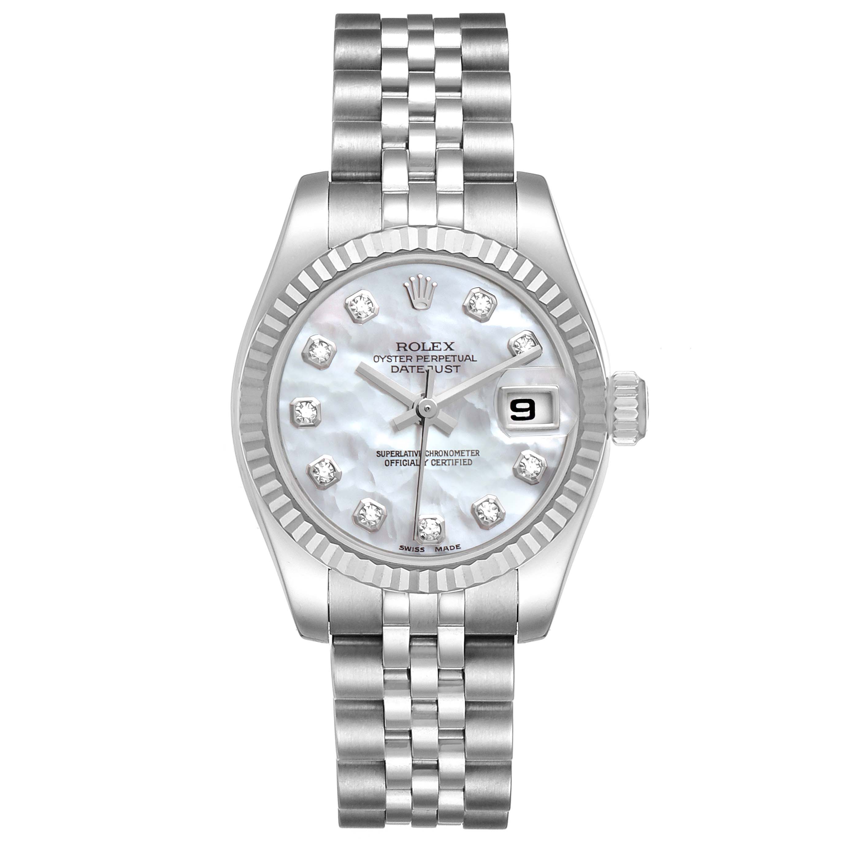 The Rolex Datejust 179174 Women
s Stainless Steel Mother of Pearl Dial 179174 Women
s Stainless Steel Mother of Pearl Dial watch is shown from a front angle, highlighting its dial, case, and bracelet.