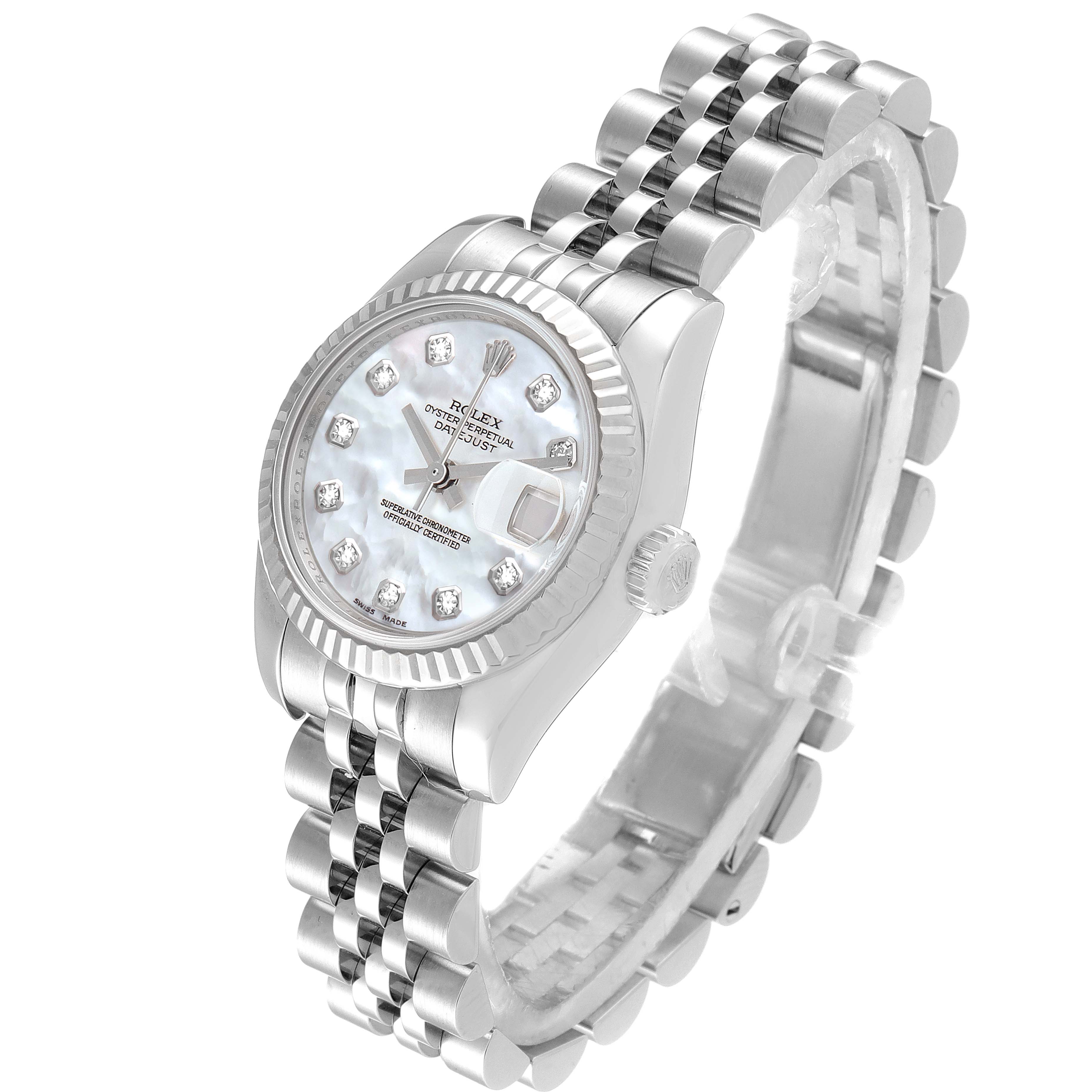 The image shows a Rolex Datejust 179174 Women
s Stainless Steel Mother of Pearl Dial 179174 Women
s Stainless Steel Mother of Pearl Dial watch angled slightly from the front, highlighting the face, bezel, and bracelet.