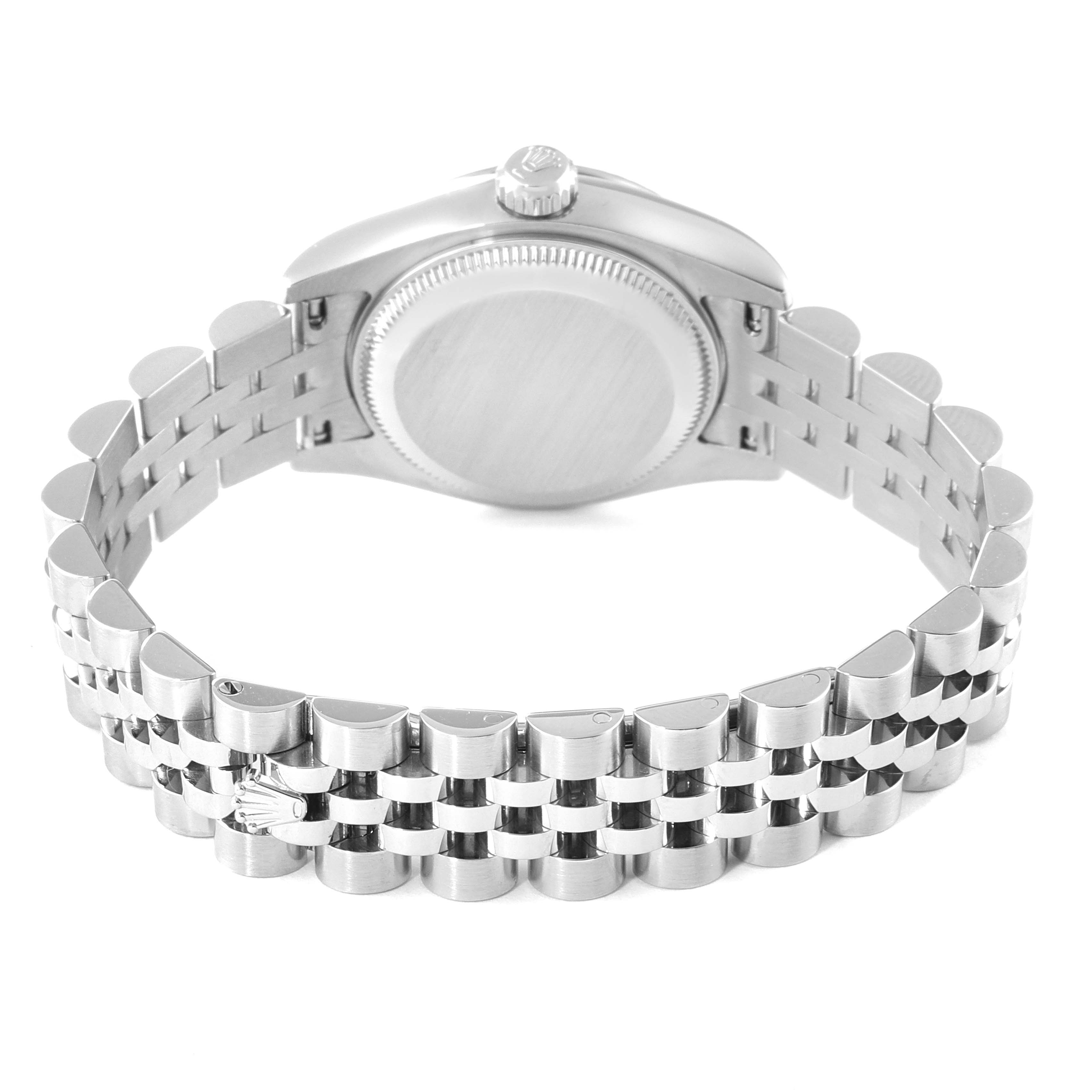 This image shows the back view of a Rolex Datejust 179174 Women
s Stainless Steel Mother of Pearl Dial 179174 Women
s Stainless Steel Mother of Pearl Dial watch, highlighting the case back and Jubilee bracelet.