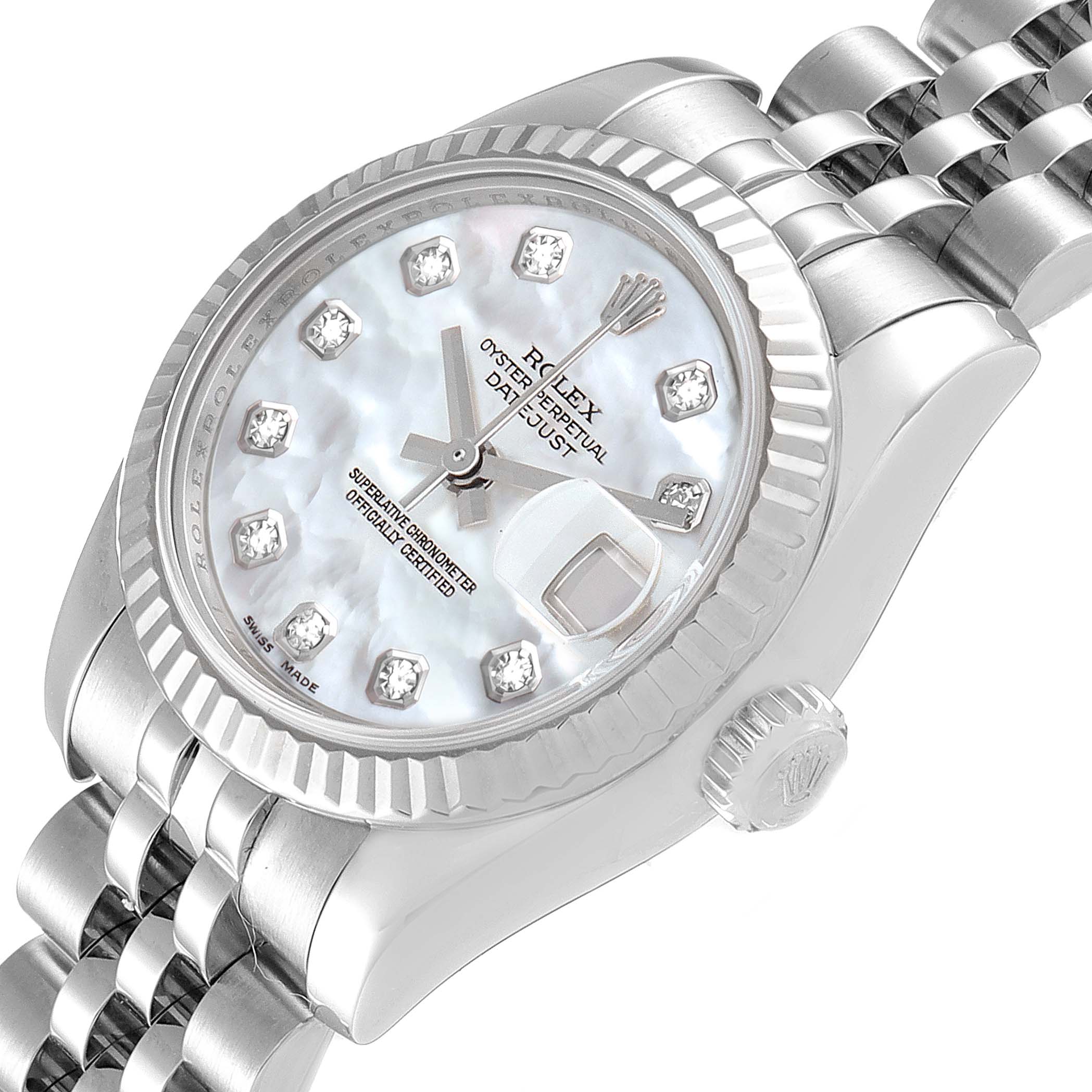 The image shows a Rolex Datejust 179174 Women
s Stainless Steel Mother of Pearl Dial 179174 Women
s Stainless Steel Mother of Pearl Dial watch at a three-quarter angle, highlighting its face, crown, bezel, and part of the bracelet.