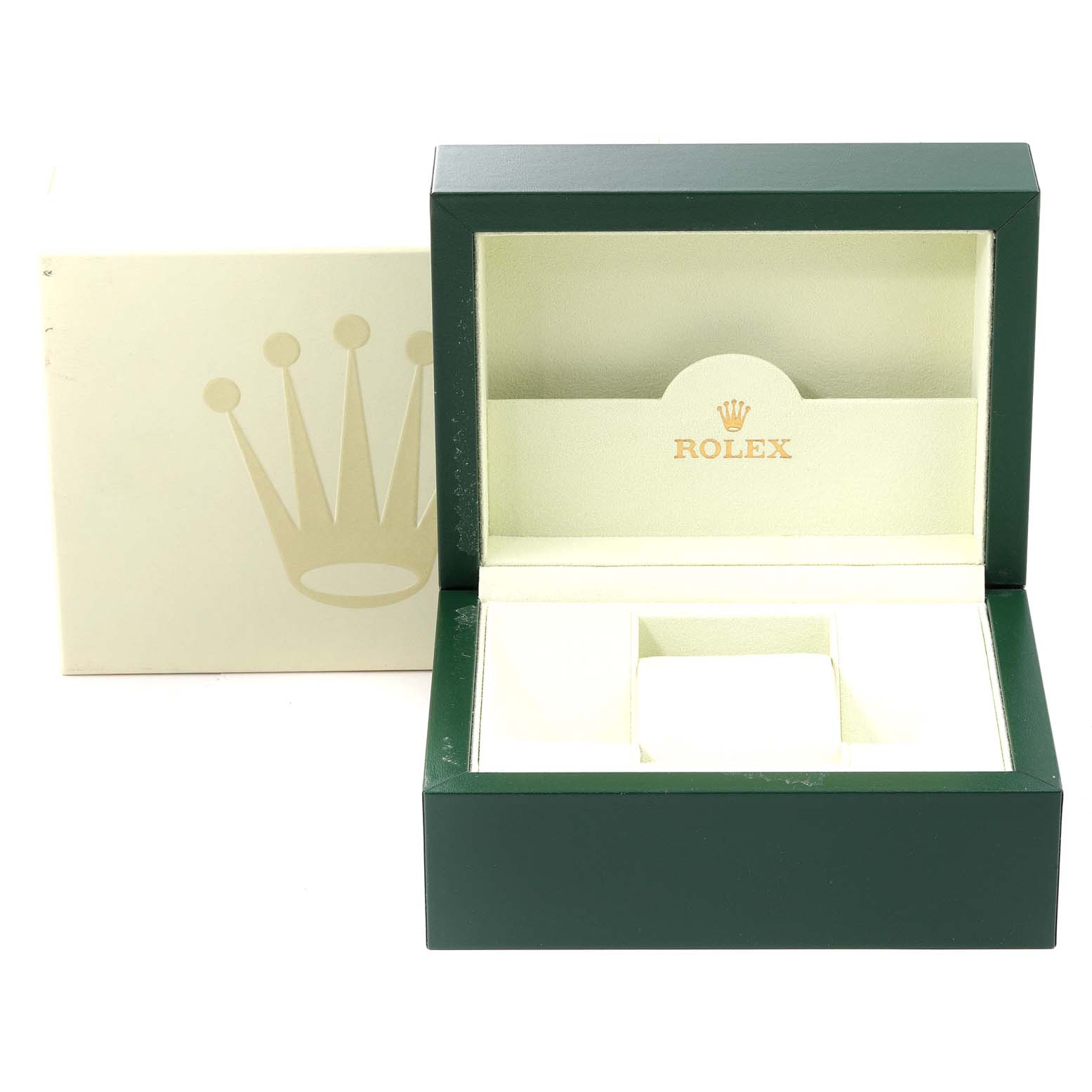 The image shows an open green and beige Rolex watch box for the Datejust model, including its outer packaging.