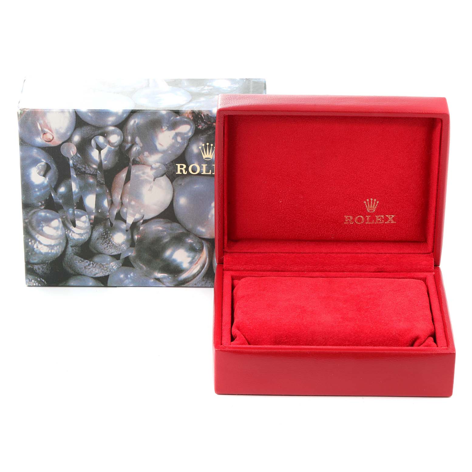 The image shows a red Rolex Datejust 69174 Women
s Stainless Steel Silver Dial 69174 Women
s Stainless Steel Silver Dial watch box with a matching cushion and an exterior decorative case.