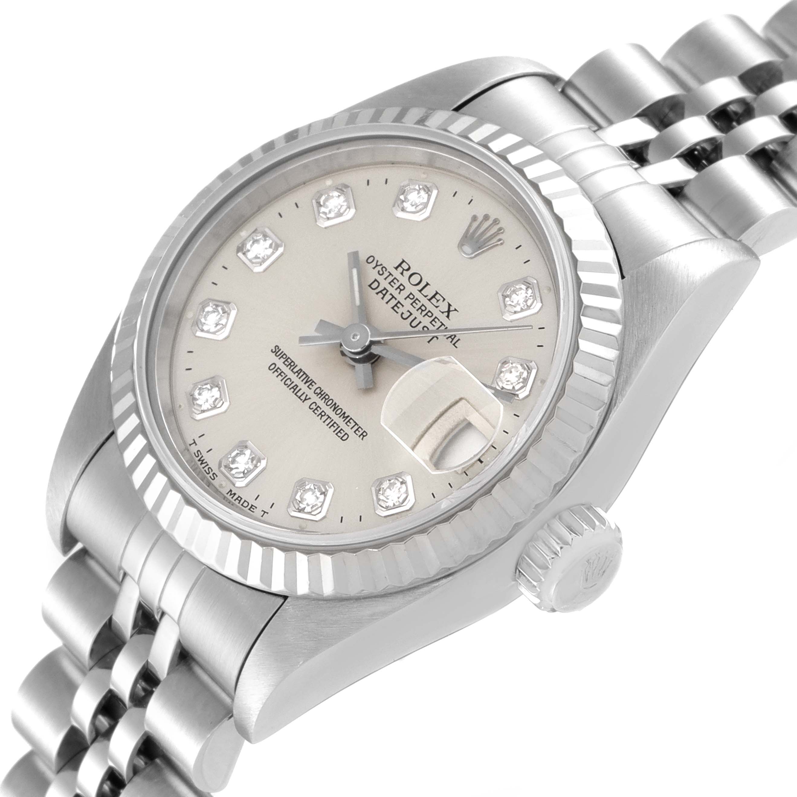 The image shows a Rolex Datejust 69174 Women
s Stainless Steel Silver Dial 69174 Women
s Stainless Steel Silver Dial watch at an oblique angle, featuring the dial, bezel, crown, and part of the bracelet.