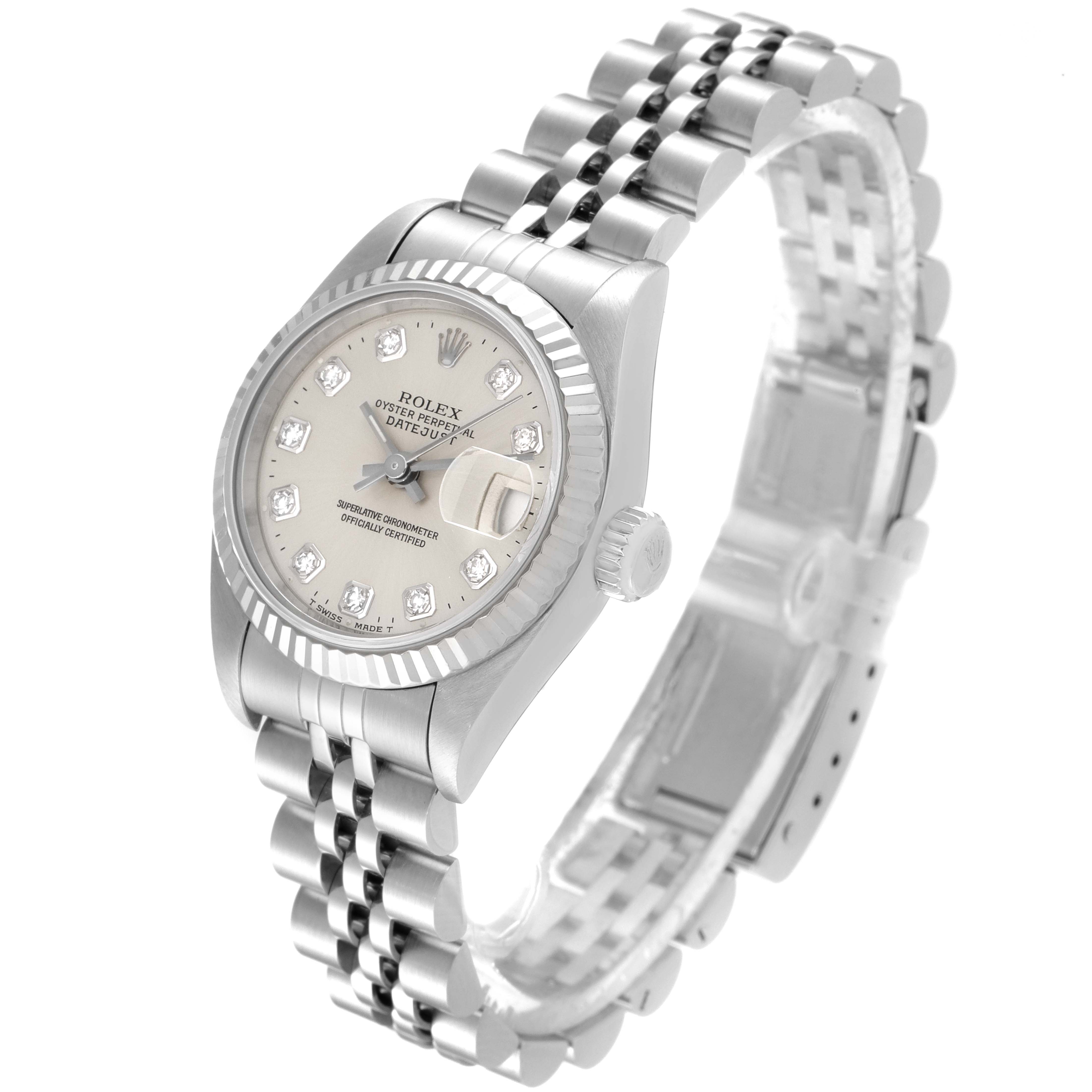 This image shows a side angle of the Rolex Datejust 69174 Women
s Stainless Steel Silver Dial 69174 Women
s Stainless Steel Silver Dial watch, highlighting its silver dial, fluted bezel, and stainless steel Jubilee bracelet.