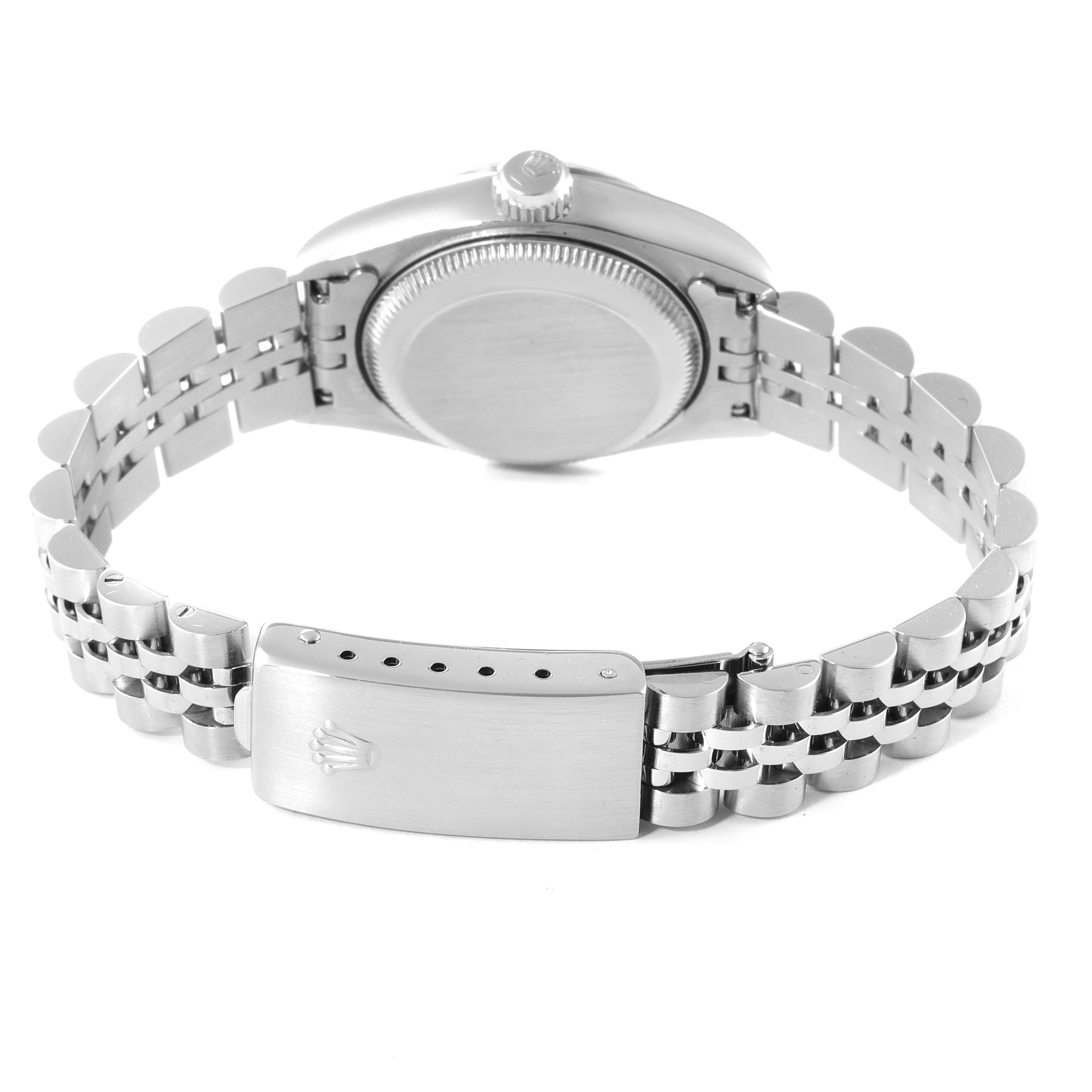 The image shows the back view of a Rolex Datejust 69174 Women
s Stainless Steel Silver Dial 69174 Women
s Stainless Steel Silver Dial watch, highlighting the clasp and bracelet.