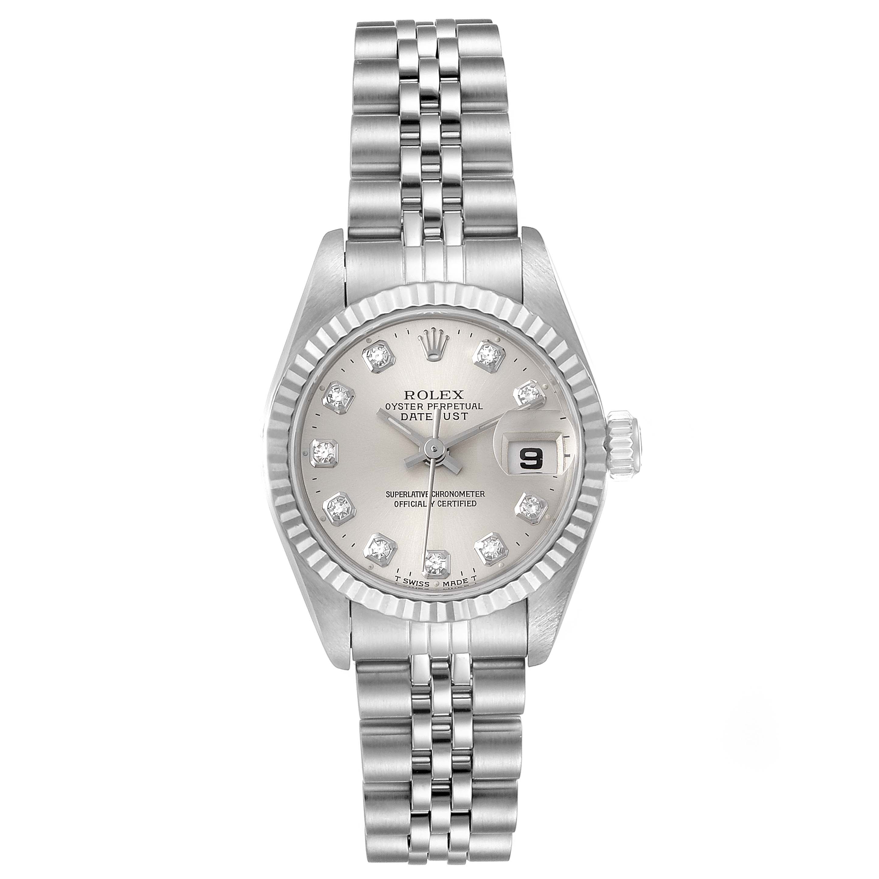 This image shows a frontal view of the Rolex Datejust 69174 Women
s Stainless Steel Silver Dial 69174 Women
s Stainless Steel Silver Dial watch, highlighting its dial, bezel, and bracelet.