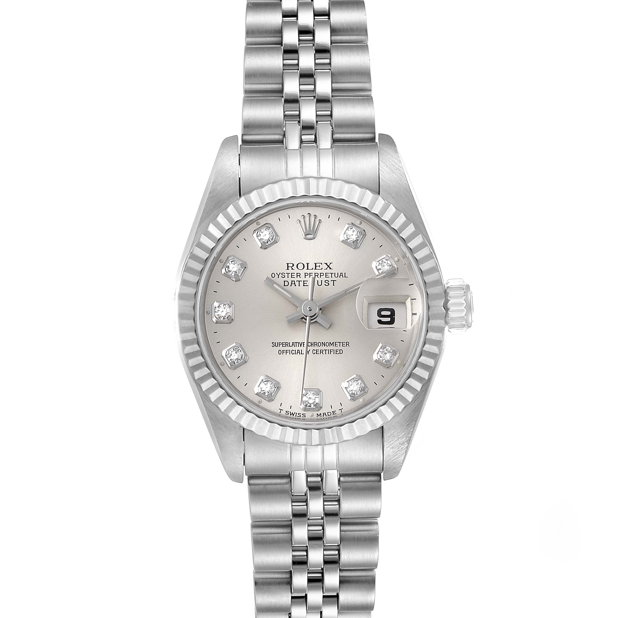 This is an overhead view of the Rolex Datejust 69174 Women
s Stainless Steel Silver Dial 69174 Women
s Stainless Steel Silver Dial, showing the full dial, bezel, and bracelet.