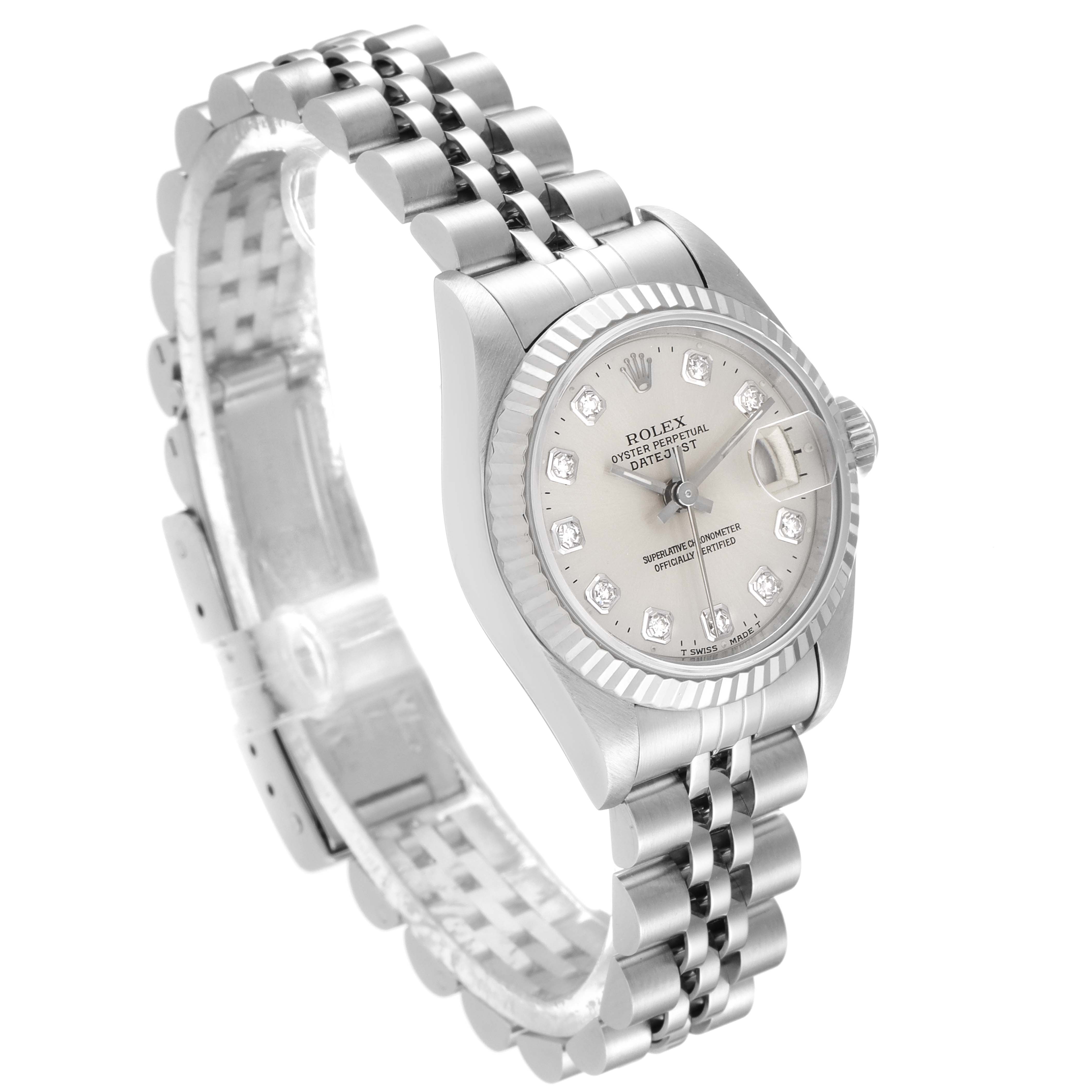 This Rolex Datejust 69174 Women
s Stainless Steel Silver Dial 69174 Women
s Stainless Steel Silver Dial watch is shown at an angle highlighting its face, bezel, and bracelet.