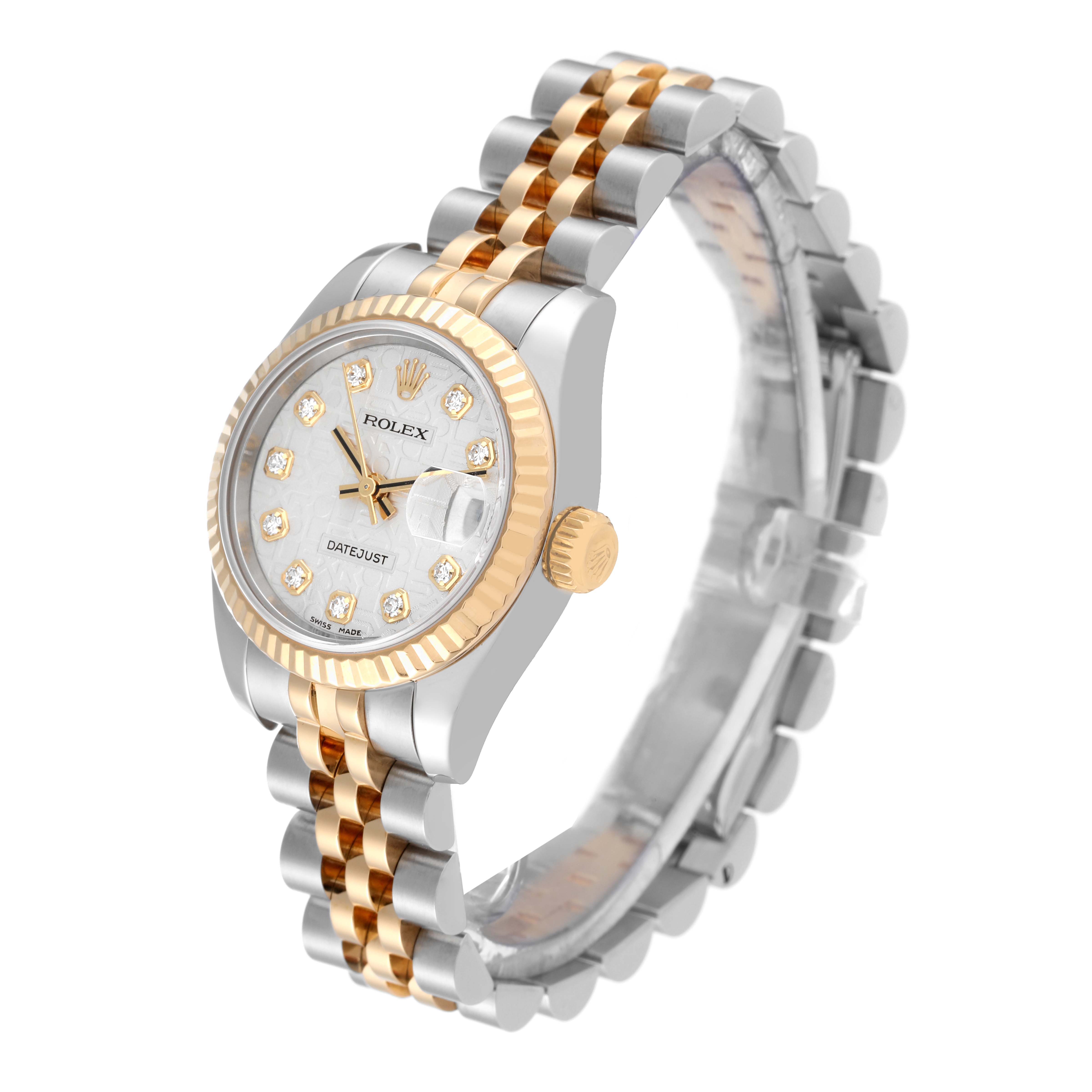 The image shows a Datejust model by Rolex at a slightly angled view, displaying the watch face, bezel, crown, and bracelet.