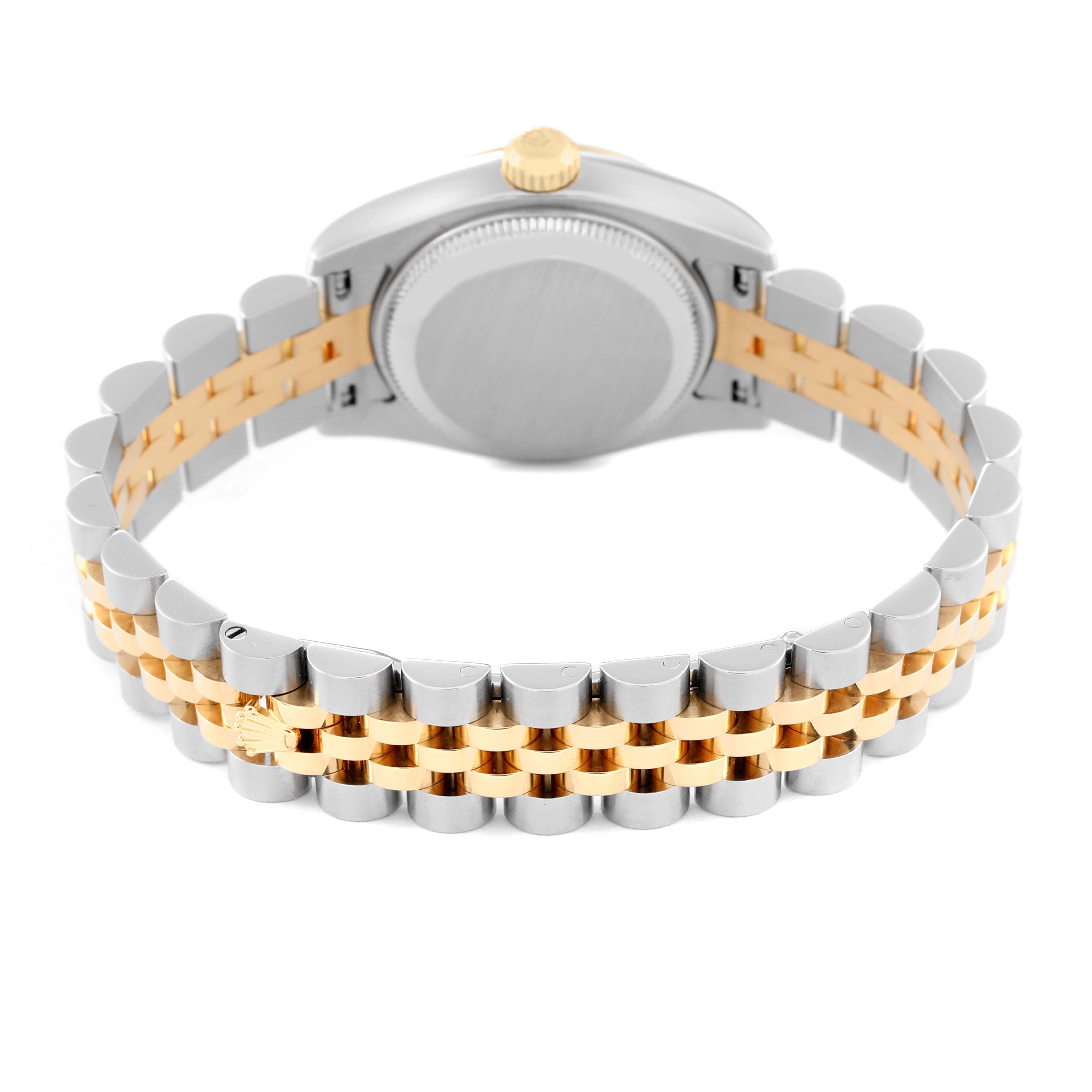 The image shows the back and bracelet of a Rolex Datejust 179173G Women's Steel and Gold (two tone) Silver Dial 179173G Women's Steel and Gold (two tone) Silver Dial model, highlighting the two-tone metal design and clasp.