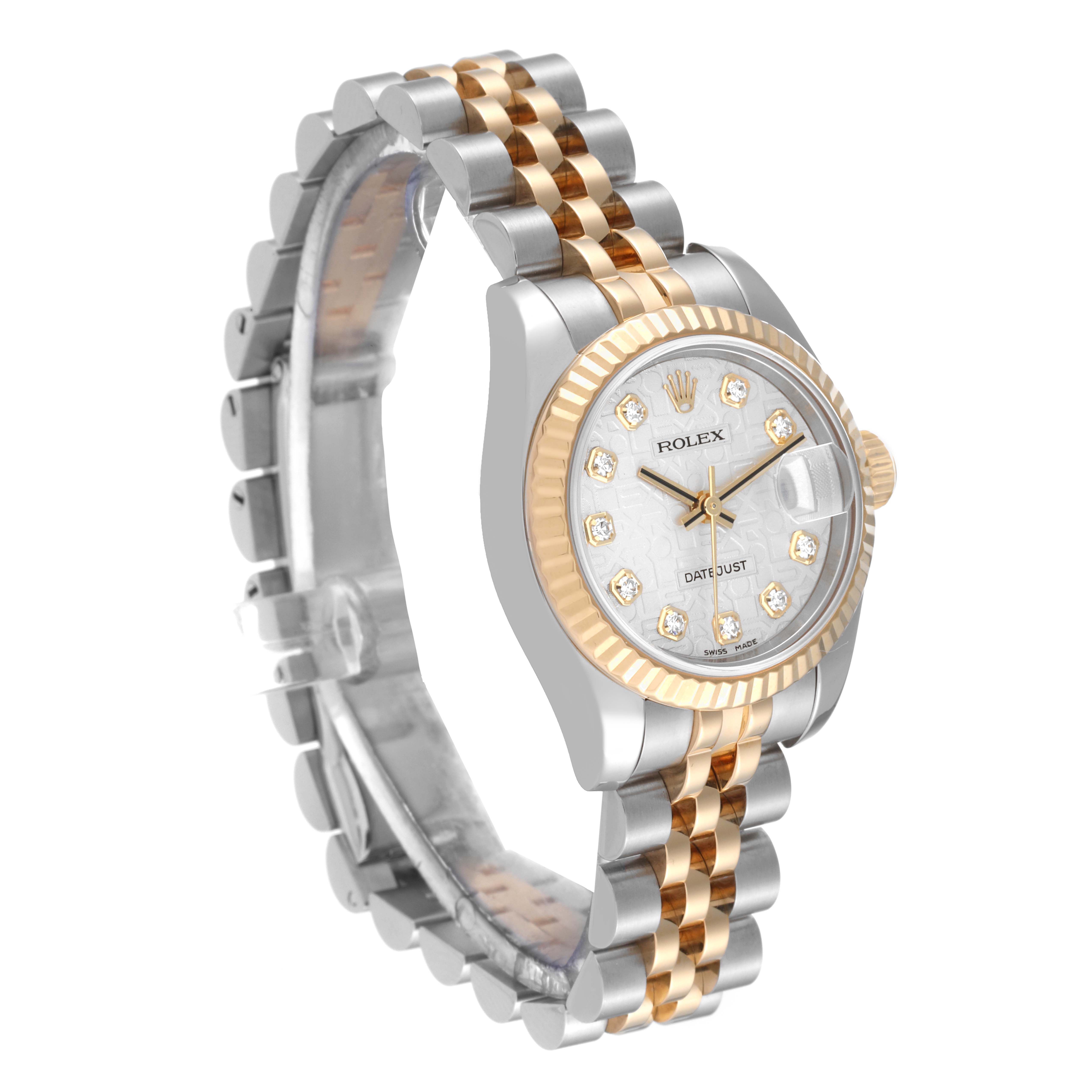 The Rolex Datejust 179173G Women's Steel and Gold (two tone) Silver Dial 179173G Women's Steel and Gold (two tone) Silver Dial watch is angled to show the front and side, highlighting the bracelet, bezel, and dial.