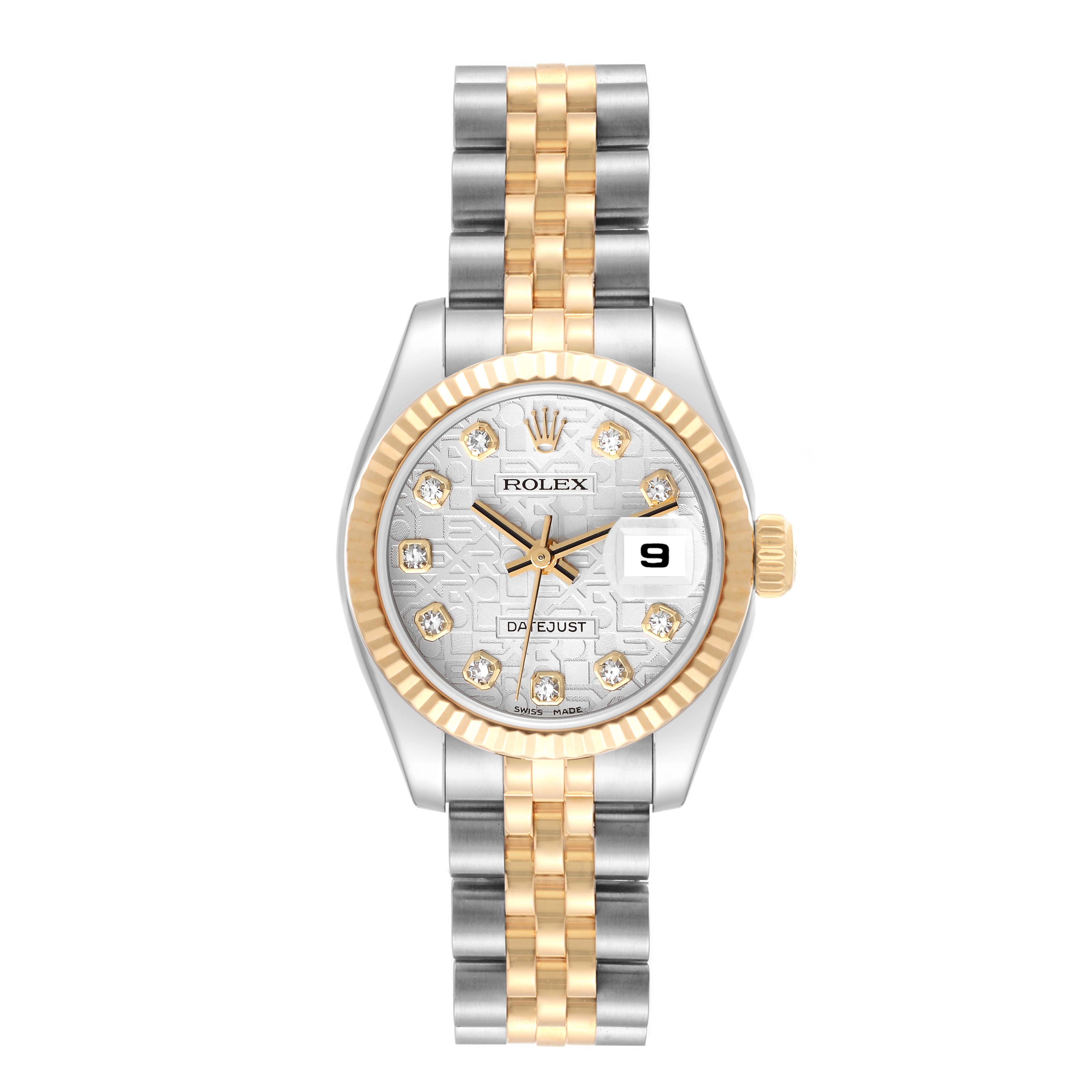 The image shows a frontal view of a Rolex Datejust 179173G Women's Steel and Gold (two tone) Silver Dial 179173G Women's Steel and Gold (two tone) Silver Dial watch with a two-tone bracelet and diamond-accented dial.