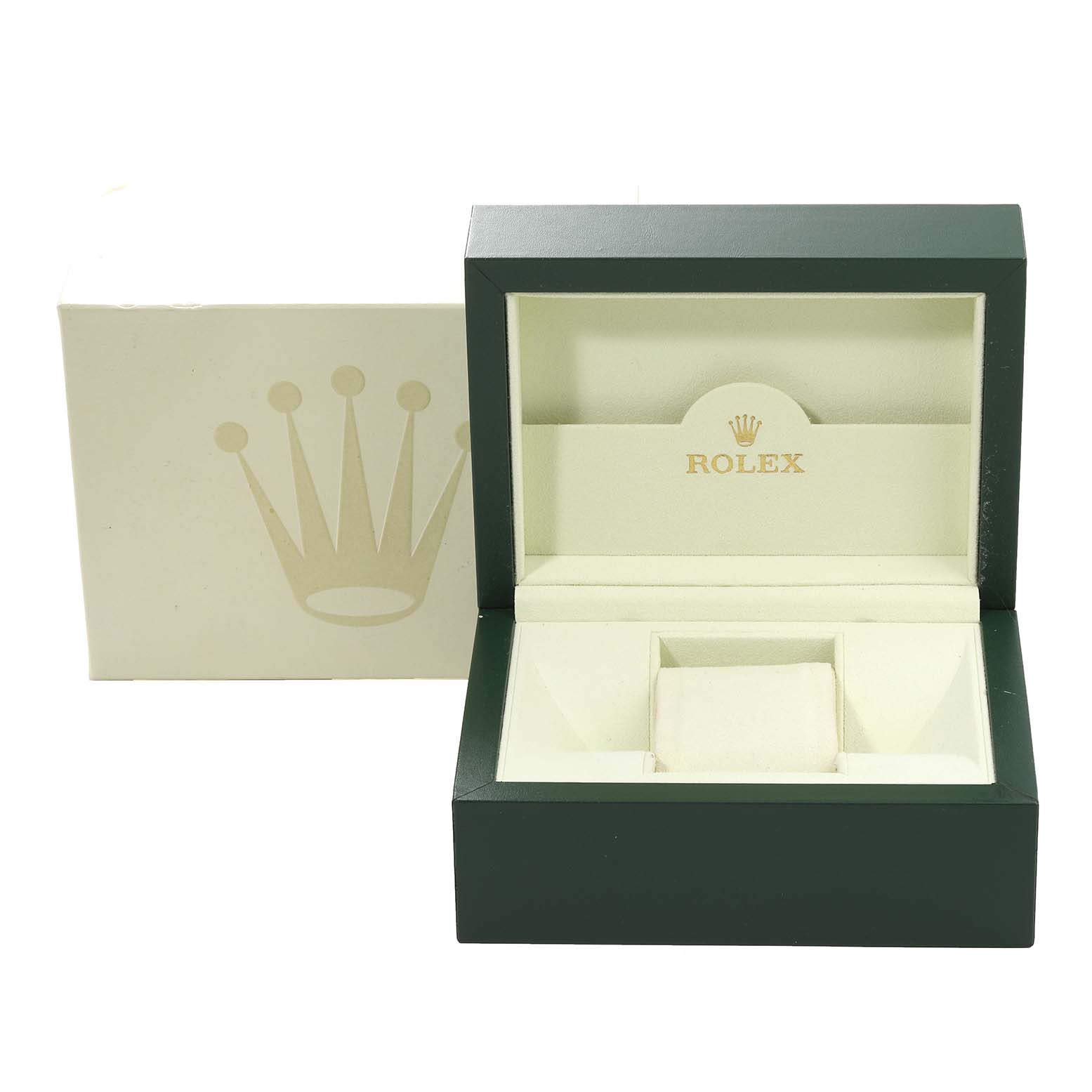 This image shows the packaging and opened watch box for a Rolex Datejust 179173G Women's Steel and Gold (two tone) Silver Dial 179173G Women's Steel and Gold (two tone) Silver Dial.