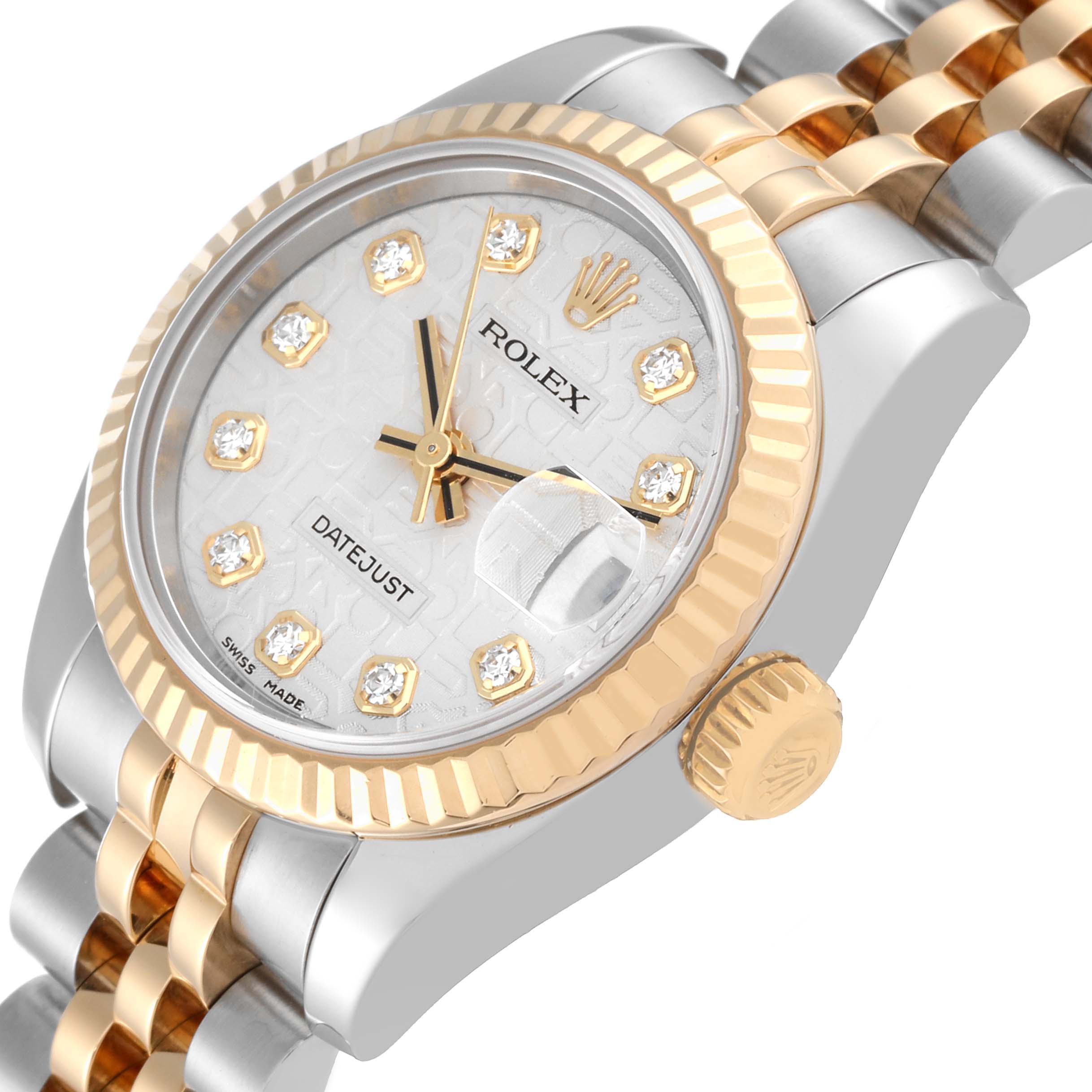 The image shows a side angle of a Rolex Datejust 179173G Women's Steel and Gold (two tone) Silver Dial 179173G Women's Steel and Gold (two tone) Silver Dial watch focusing on its bezel, dial, crown, and Jubilee bracelet.