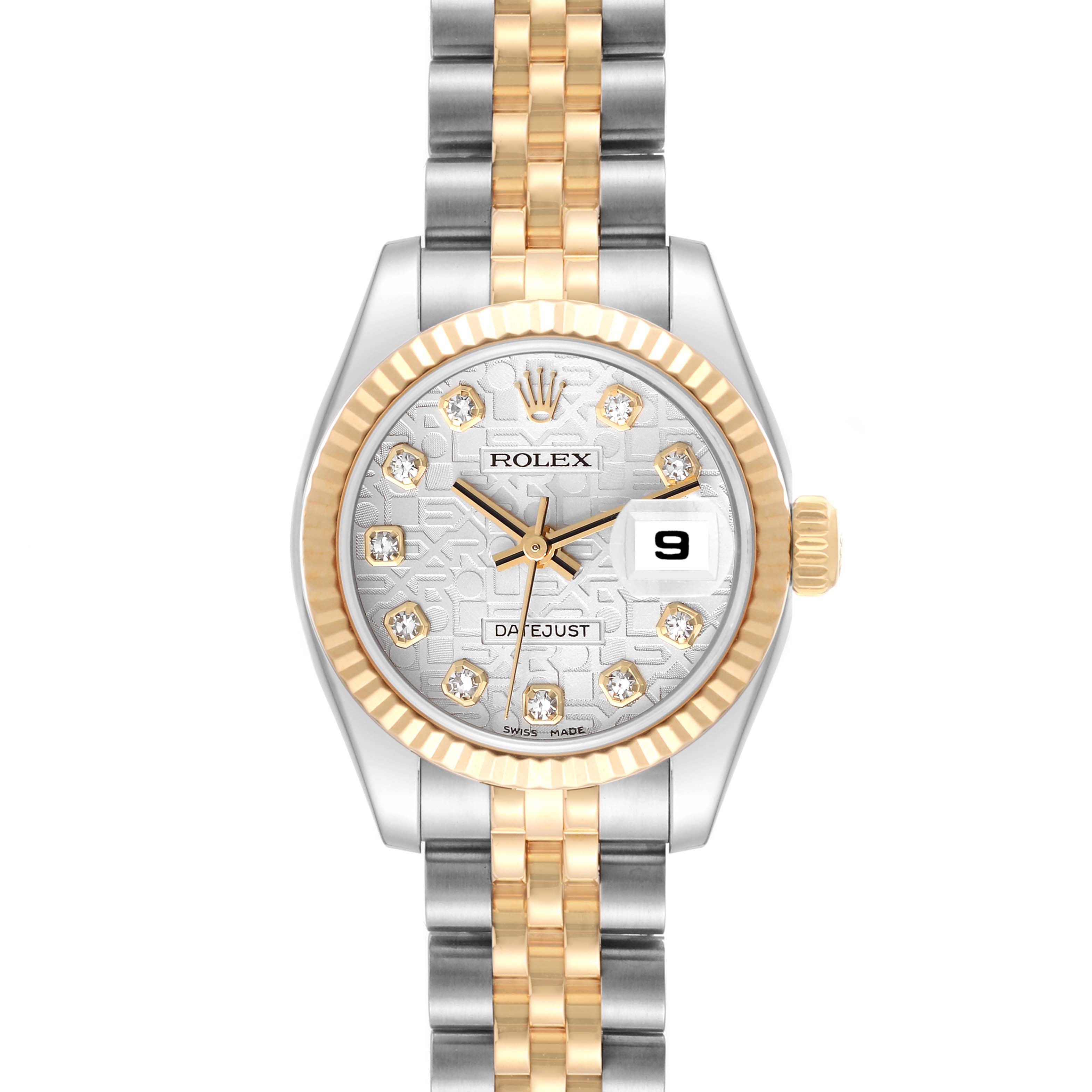 This image shows a frontal view of a Rolex Datejust 179173G Women's Steel and Gold (two tone) Silver Dial 179173G Women's Steel and Gold (two tone) Silver Dial watch with a two-tone bracelet and a diamond-studded dial.