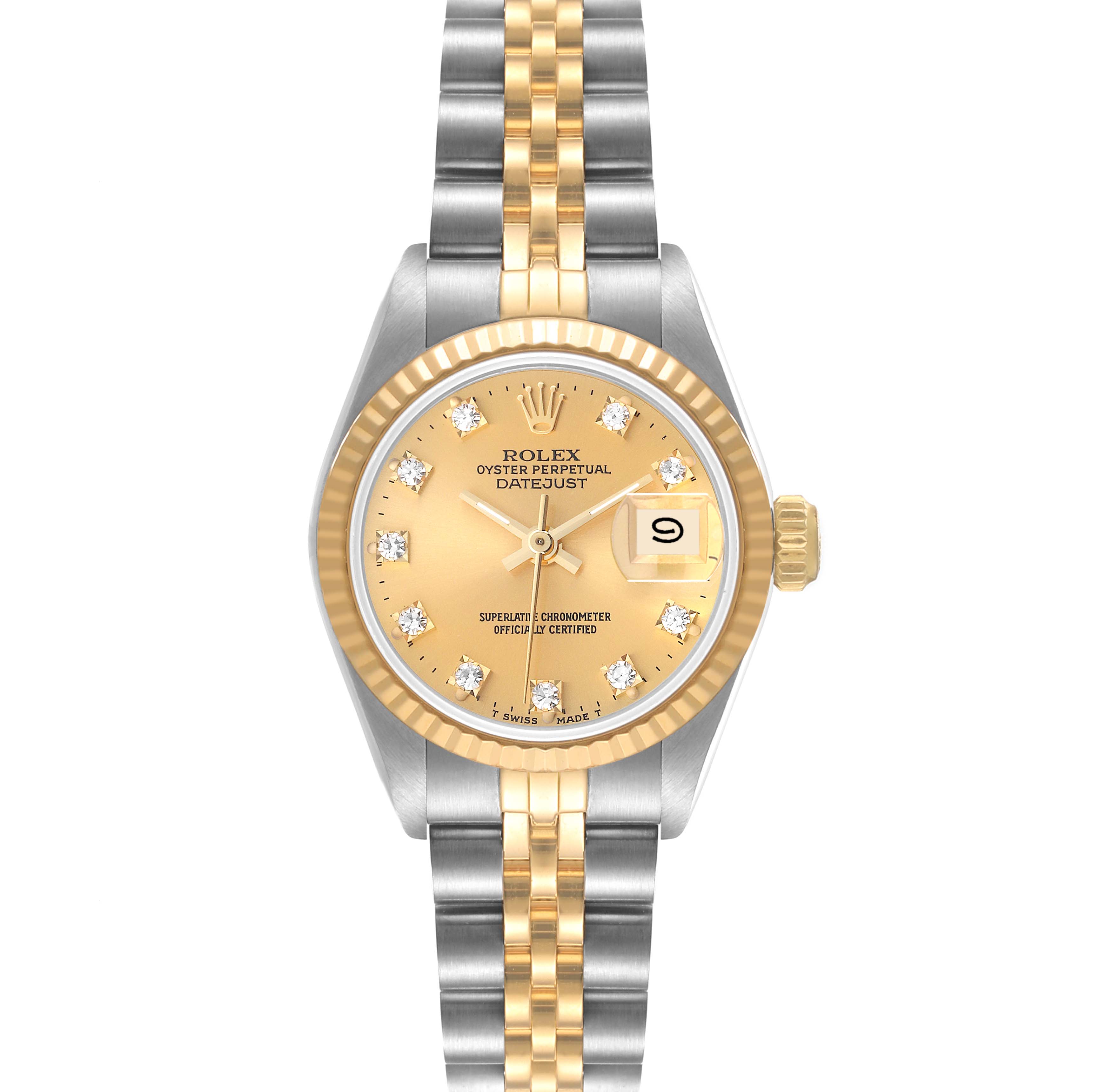 The image shows a front view of a Rolex Datejust 69173 Women's Steel and Gold (two tone) Champagne Dial 69173 Women's Steel and Gold (two tone) Champagne Dial watch with a gold and silver Jubilee bracelet.