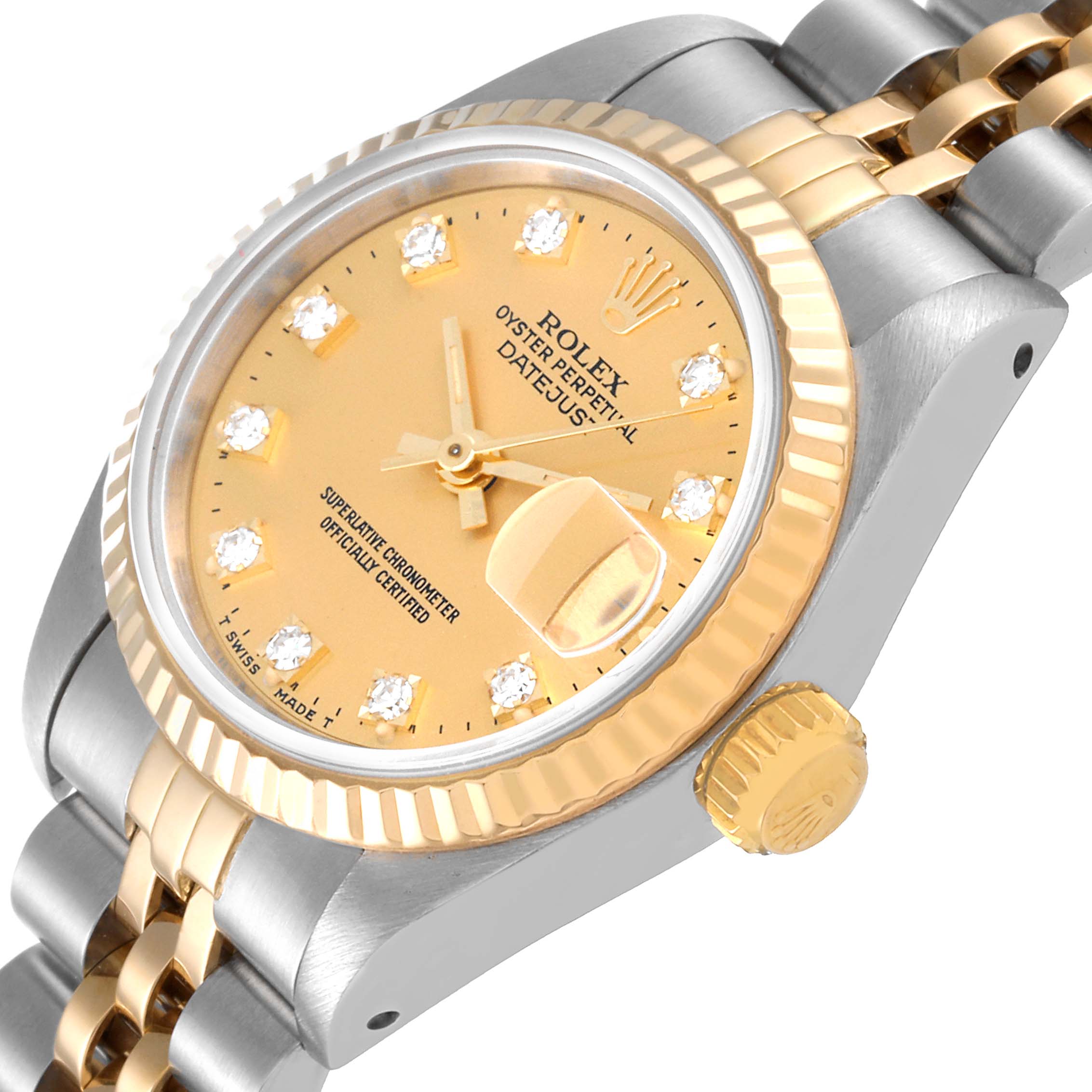 This image shows a close-up and angled view of a Rolex Datejust 69173 Women's Steel and Gold (two tone) Champagne Dial 69173 Women's Steel and Gold (two tone) Champagne Dial model, highlighting the dial, bezel, crown, and part of the bracelet.