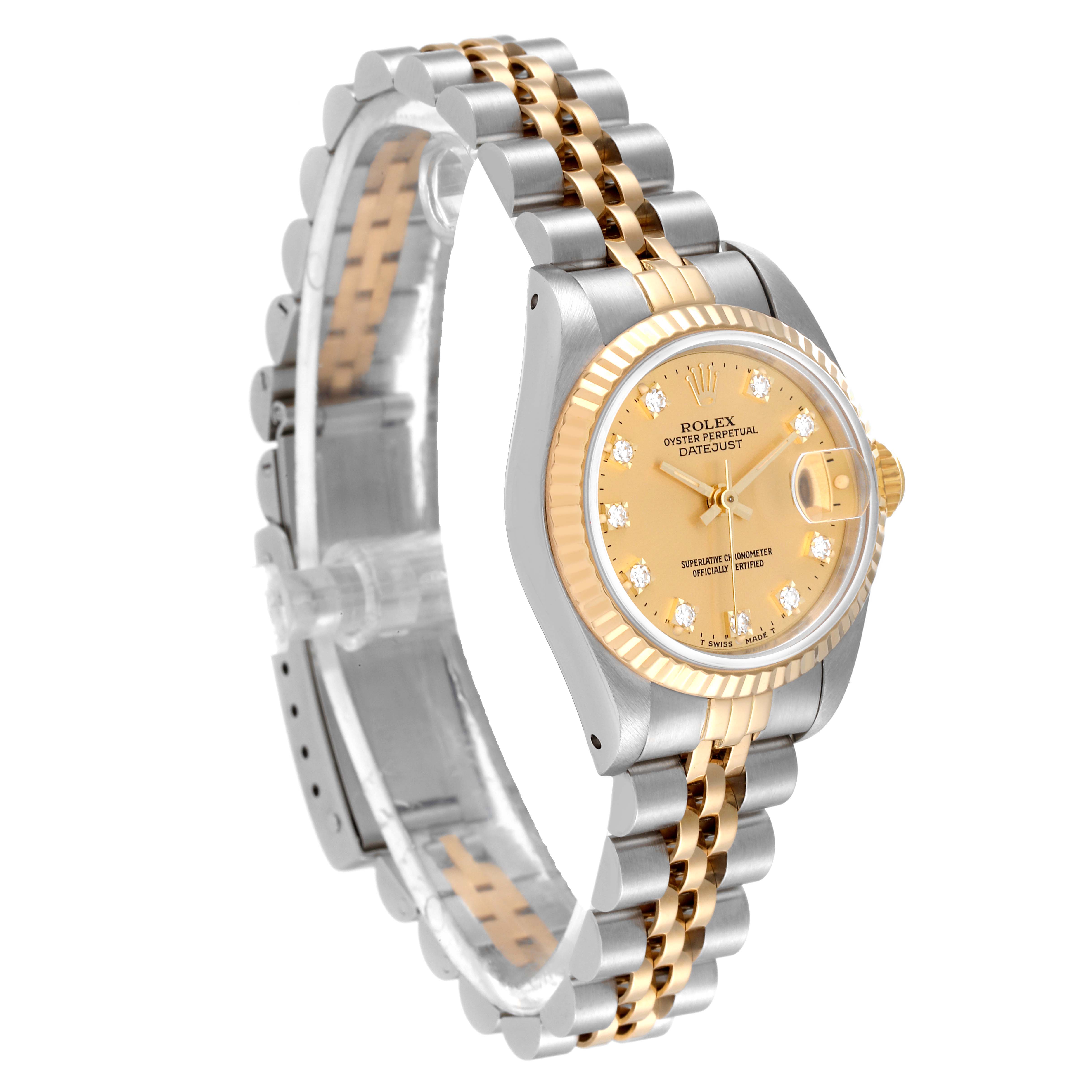 The image shows a Rolex Datejust 69173 Women's Steel and Gold (two tone) Champagne Dial 69173 Women's Steel and Gold (two tone) Champagne Dial watch at a slight angle, highlighting the gold and silver bracelet and champagne diamond dial.