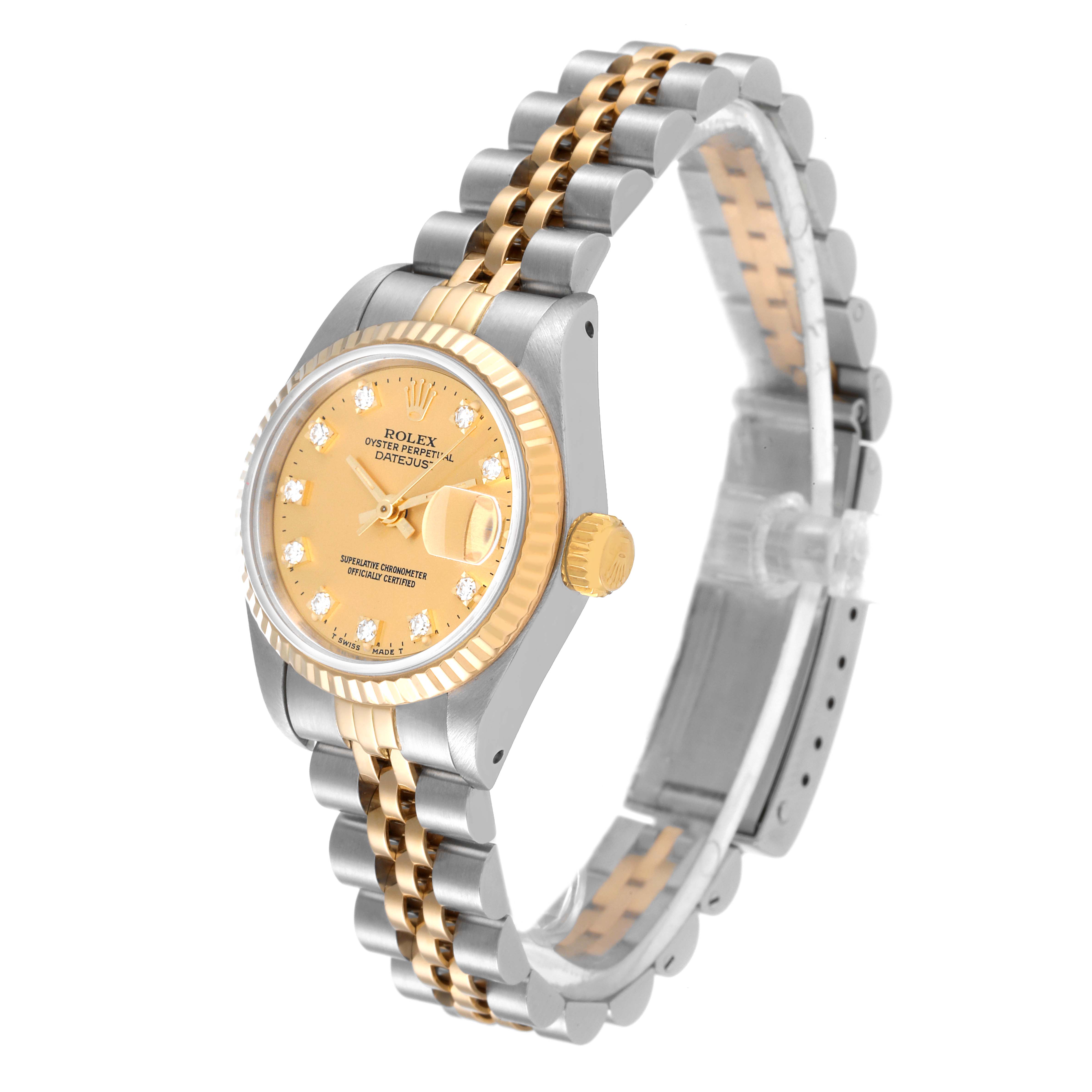 The image shows a side view of a Rolex Datejust 69173 Women's Steel and Gold (two tone) Champagne Dial 69173 Women's Steel and Gold (two tone) Champagne Dial watch, highlighting its two-tone band, dial, crown, and fluted bezel.
