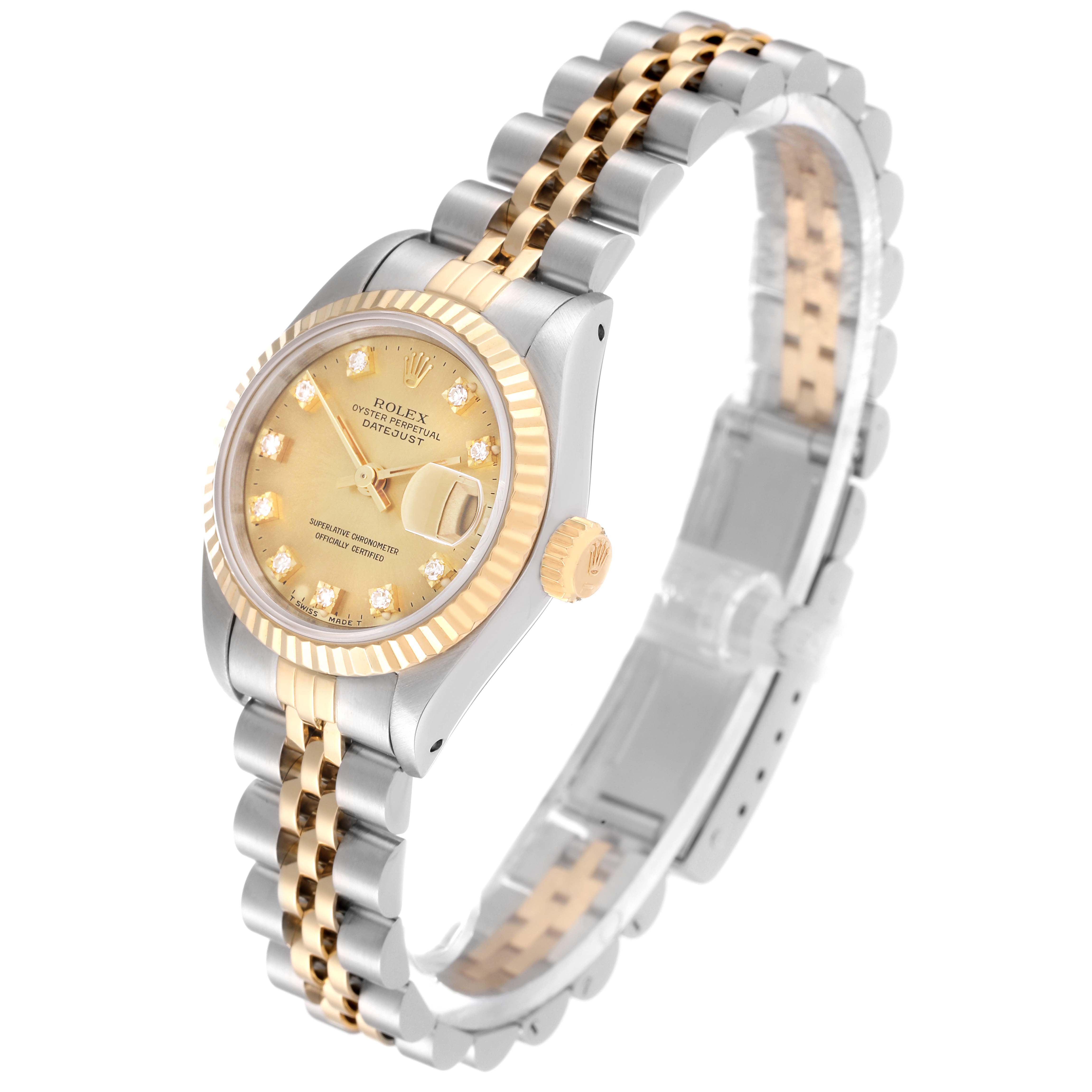 The Rolex Datejust 69173 Women's Steel and Gold (two tone) Champagne Dial 69173 Women's Steel and Gold (two tone) Champagne Dial watch is shown at an oblique angle, displaying the face, crown, and two-tone metal bracelet.