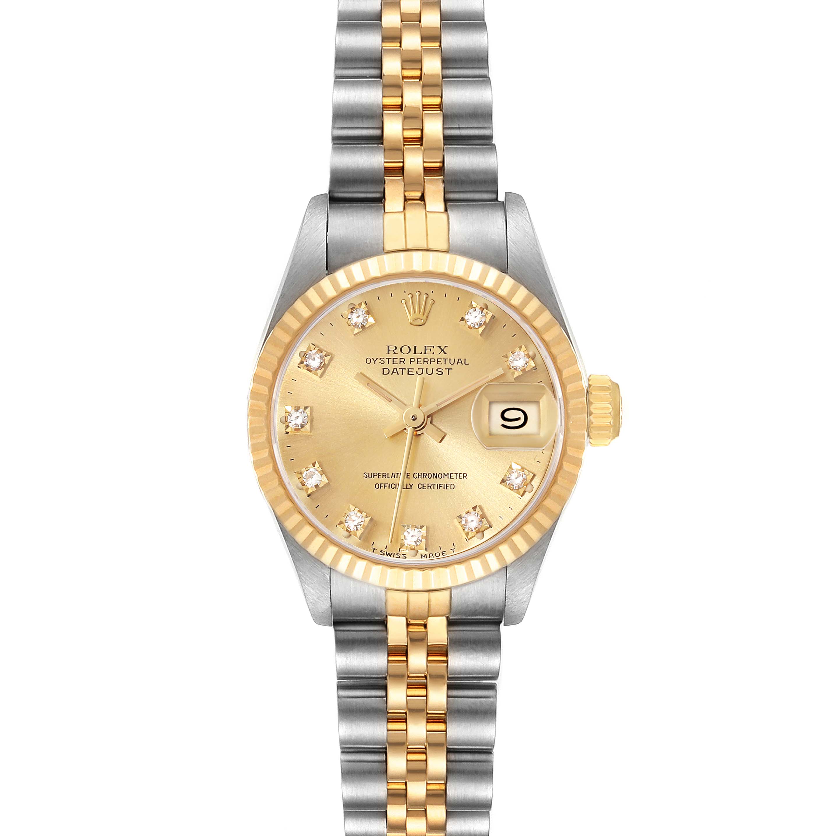 The image shows a front view of the Rolex Datejust 69173 Women's Steel and Gold (two tone) Champagne Dial 69173 Women's Steel and Gold (two tone) Champagne Dial watch, showcasing its gold dial, diamond markers, and two-tone bracelet.