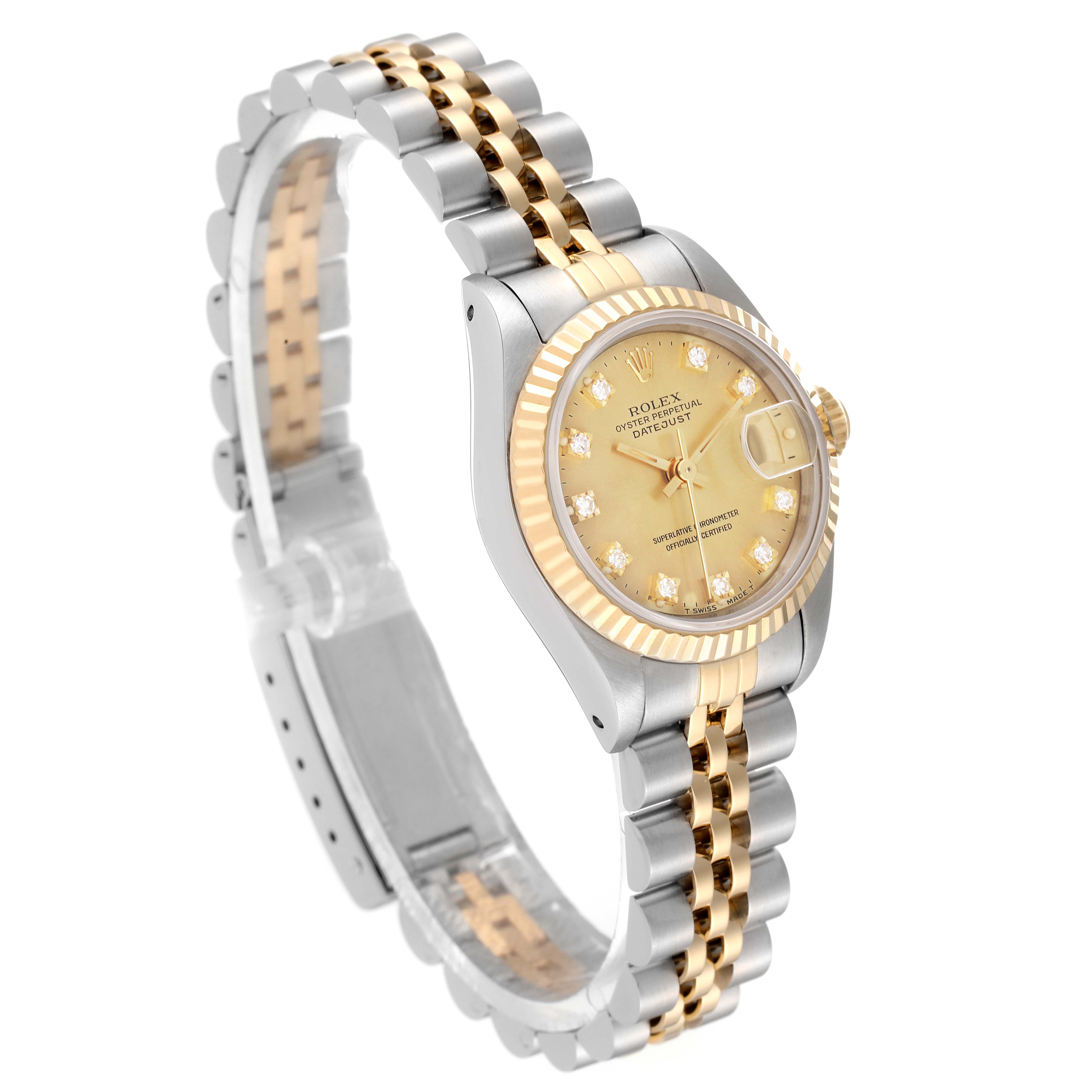 The image shows a Rolex Datejust 69173 Women's Steel and Gold (two tone) Champagne Dial 69173 Women's Steel and Gold (two tone) Champagne Dial watch at a three-quarter angle, highlighting the two-tone bracelet, bezel, and face.