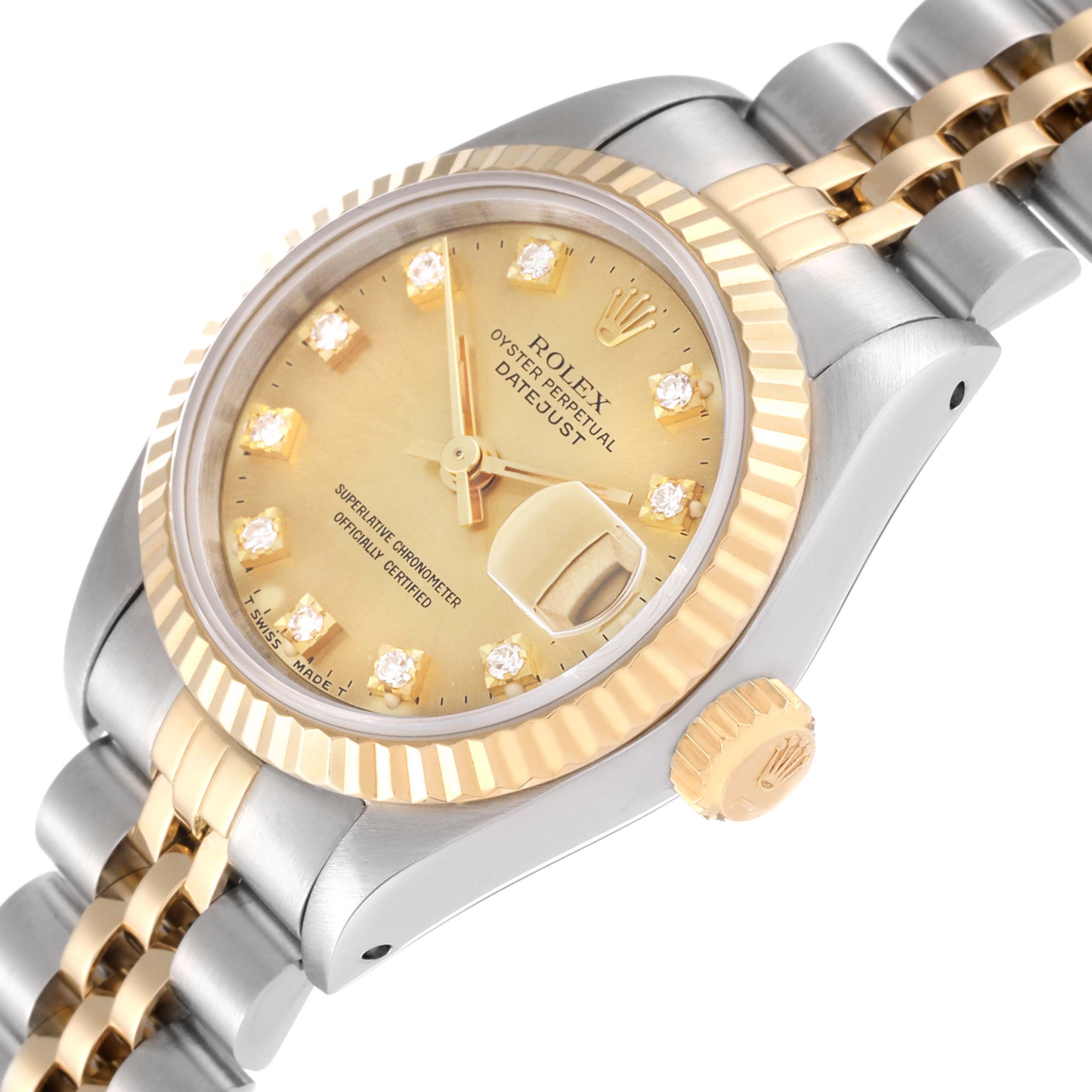 The image shows a close-up, angled view of the Rolex Datejust 69173 Women's Steel and Gold (two tone) Champagne Dial 69173 Women's Steel and Gold (two tone) Champagne Dial watch, highlighting its dial, bezel, and bracelet.