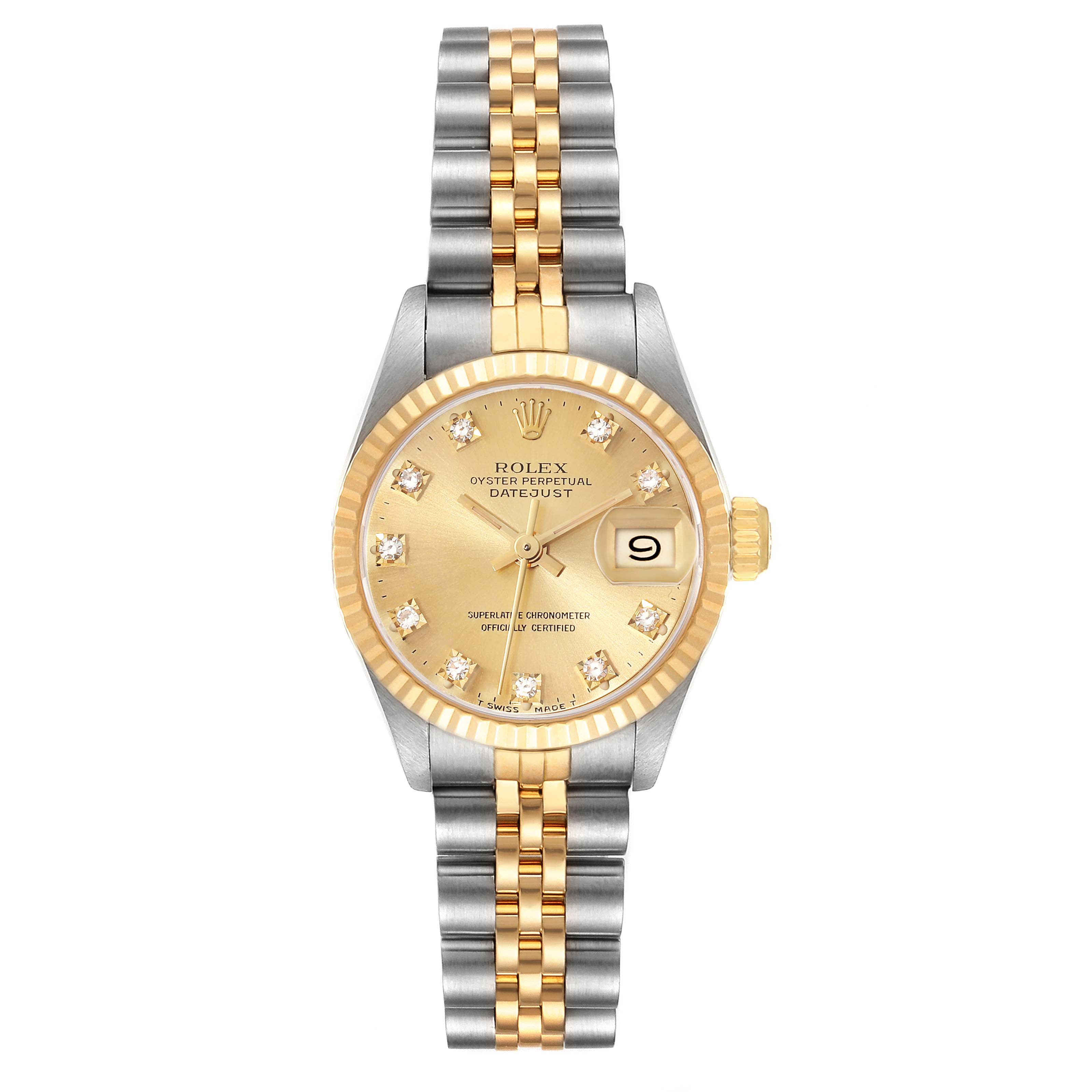 The Rolex Datejust 69173 Women's Steel and Gold (two tone) Champagne Dial 69173 Women's Steel and Gold (two tone) Champagne Dial watch is shown from a top-down angle, highlighting its gold-diamond dial, fluted bezel, and bi-color bracelet.