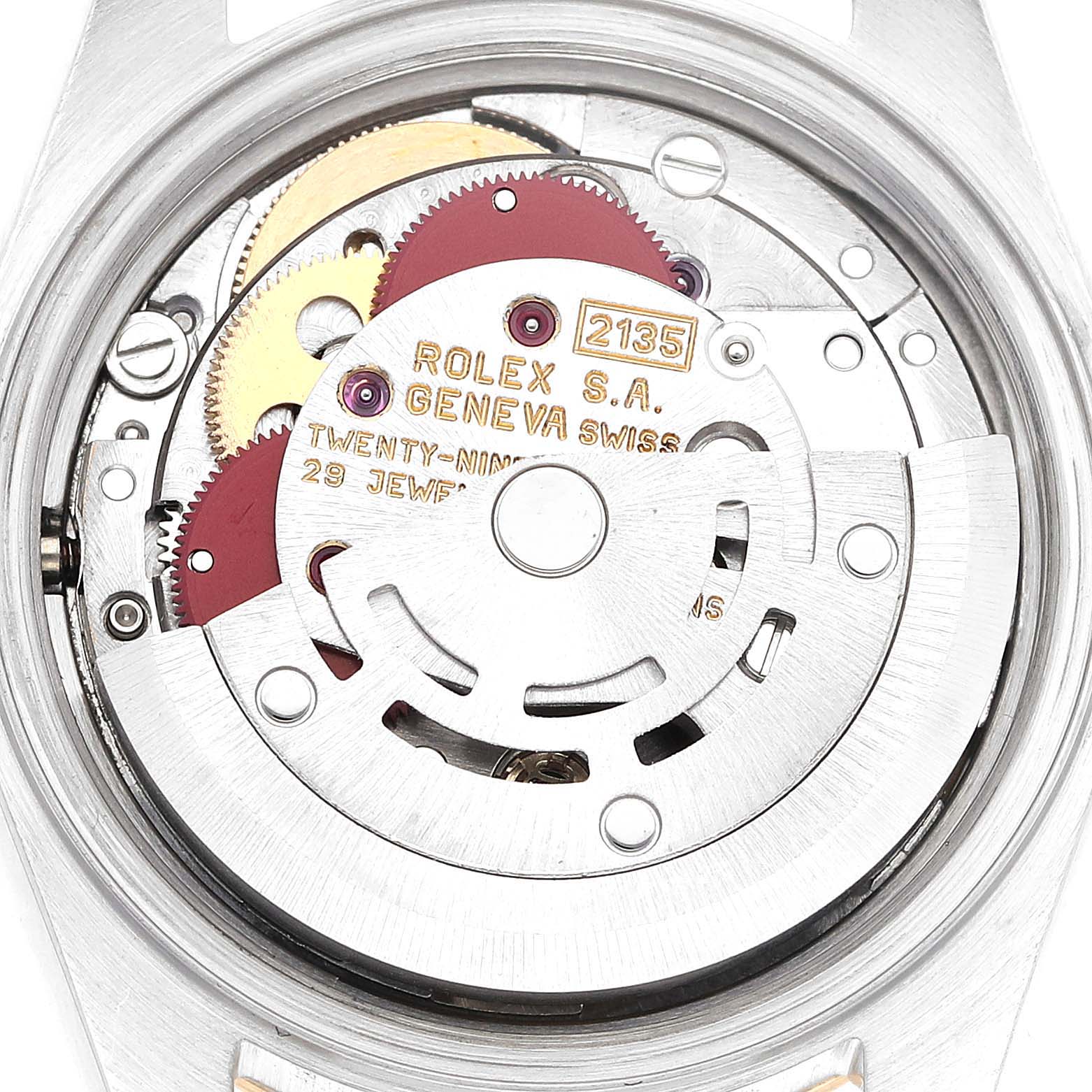 This image shows the movement and inner mechanism of a Rolex Datejust 69173 Women's Steel and Gold (two tone) Champagne Dial 69173 Women's Steel and Gold (two tone) Champagne Dial watch at a close-up angle.
