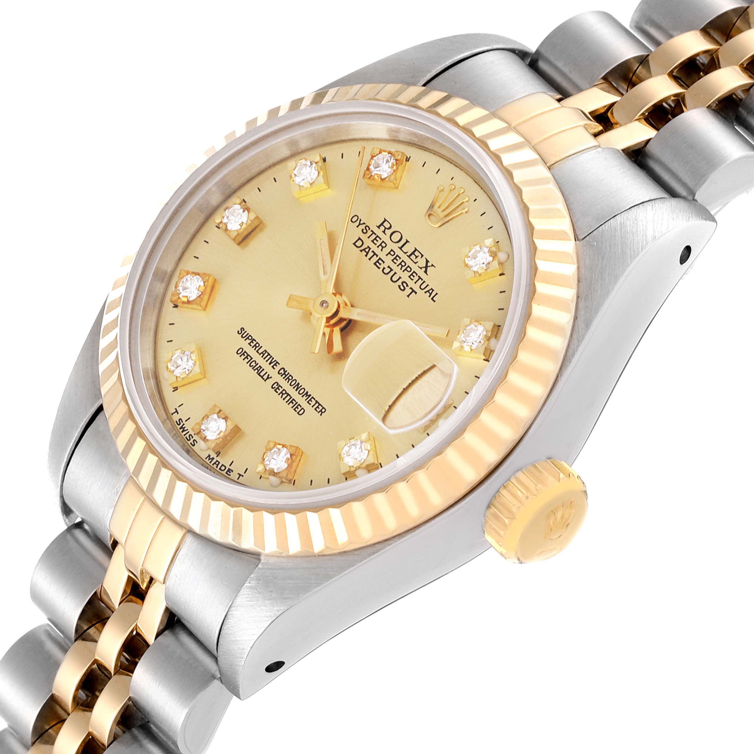 The Rolex Datejust 69173G Women's Steel and Gold (two tone) Champagne Dial 69173G Women's Steel and Gold (two tone) Champagne Dial watch is shown at an angled view, displaying its dial, crown, bezel, and part of the bracelet.