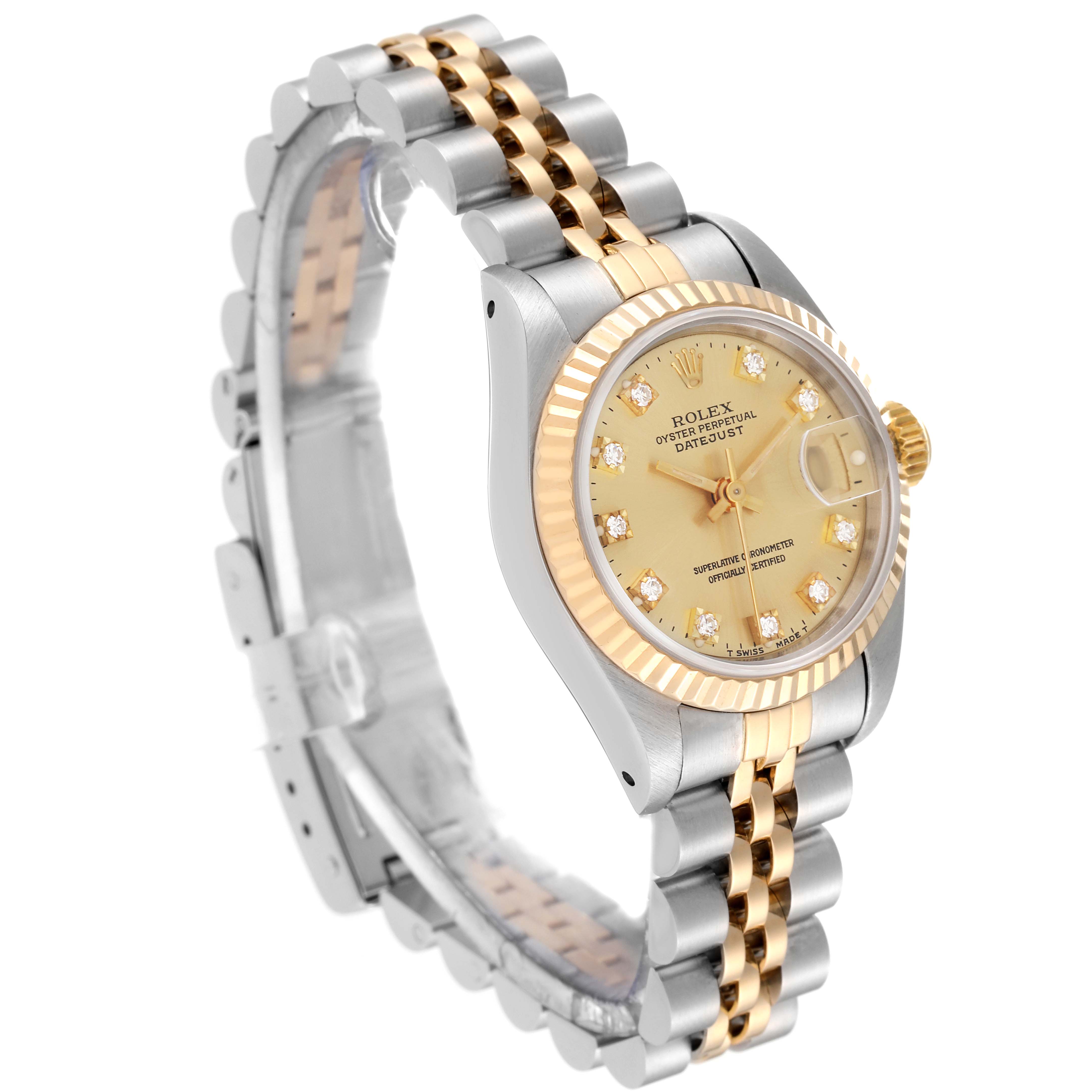 The Rolex Datejust 69173G Women's Steel and Gold (two tone) Champagne Dial 69173G Women's Steel and Gold (two tone) Champagne Dial watch is shown at a slight angle, revealing the dial, bezel, case, and two-tone bracelet.
