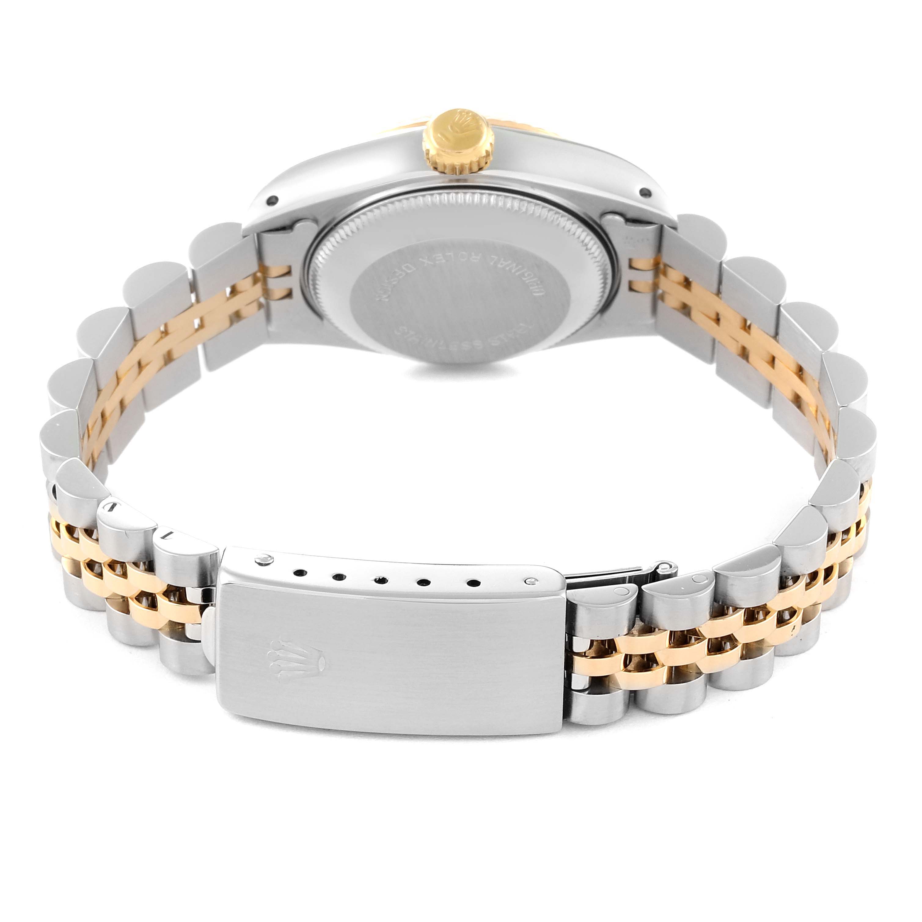 The image shows the back and bracelet of a Rolex Datejust 69173G Women's Steel and Gold (two tone) Champagne Dial 69173G Women's Steel and Gold (two tone) Champagne Dial watch, highlighting the clasp and case back.