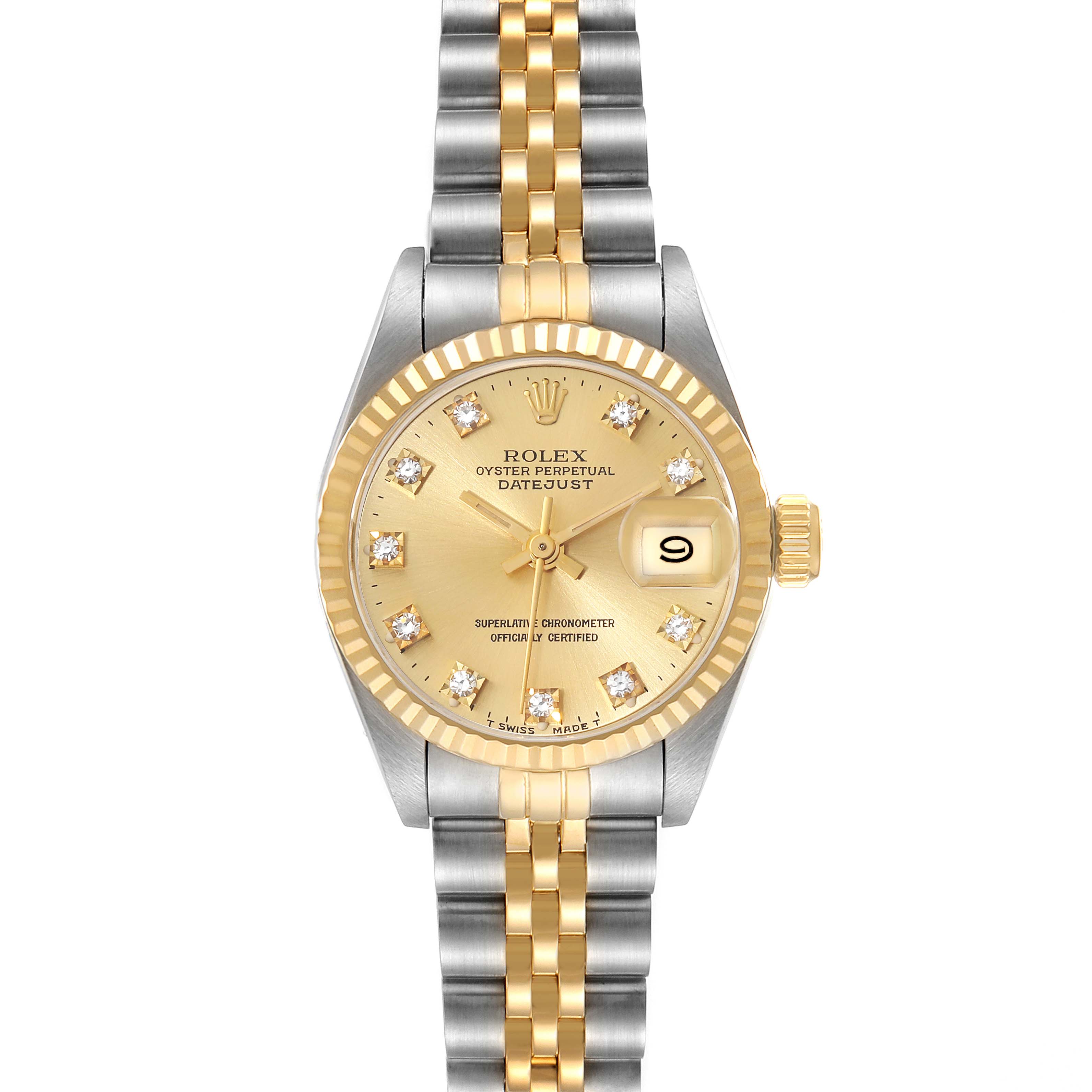 This Rolex Datejust 69173G Women's Steel and Gold (two tone) Champagne Dial 69173G Women's Steel and Gold (two tone) Champagne Dial watch is shown from a top-down angle, highlighting its two-tone bracelet and gold dial with diamond markers.