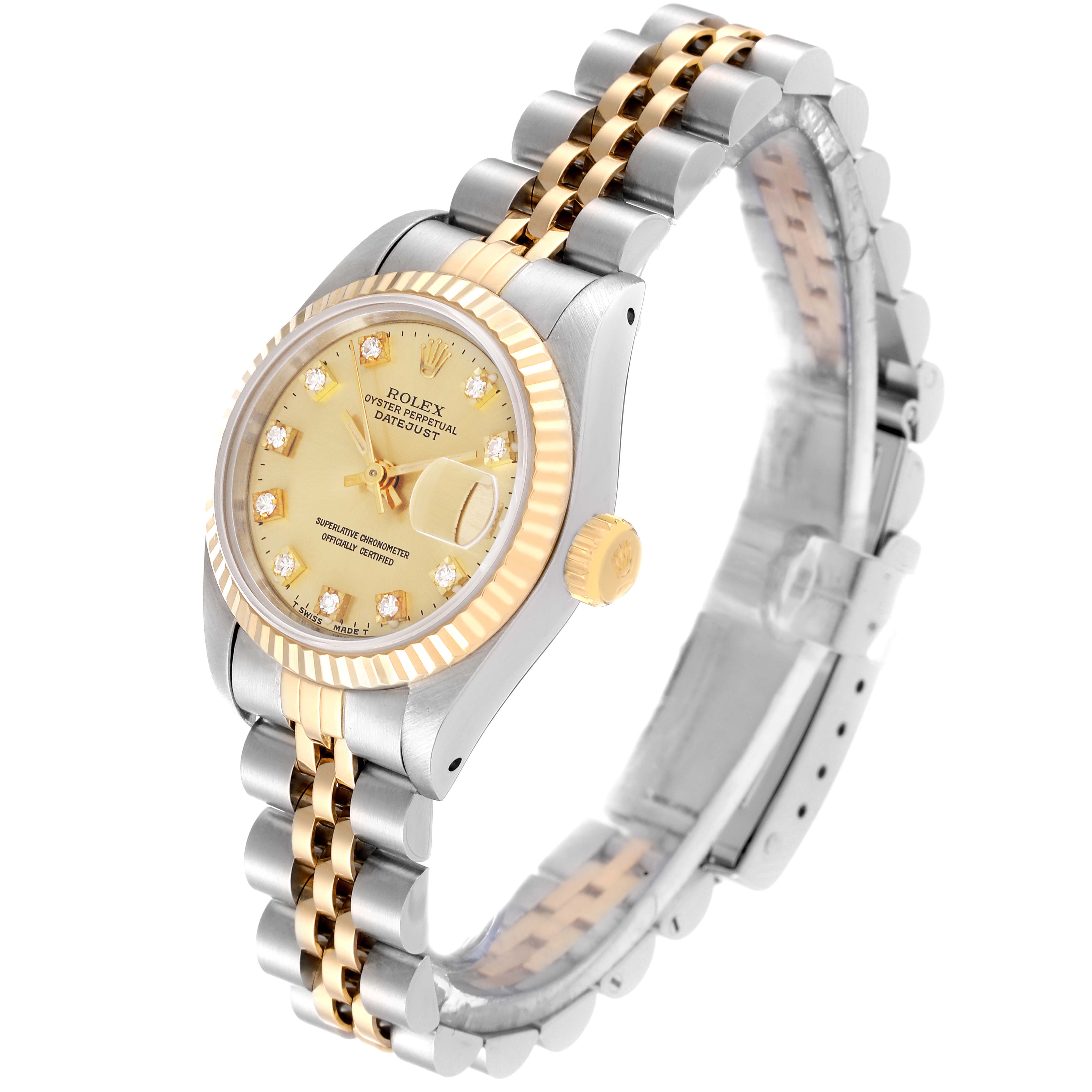 This image shows a Rolex Datejust 69173G Women's Steel and Gold (two tone) Champagne Dial 69173G Women's Steel and Gold (two tone) Champagne Dial watch from a perspective that highlights the dial, fluted bezel, and Jubilee bracelet.