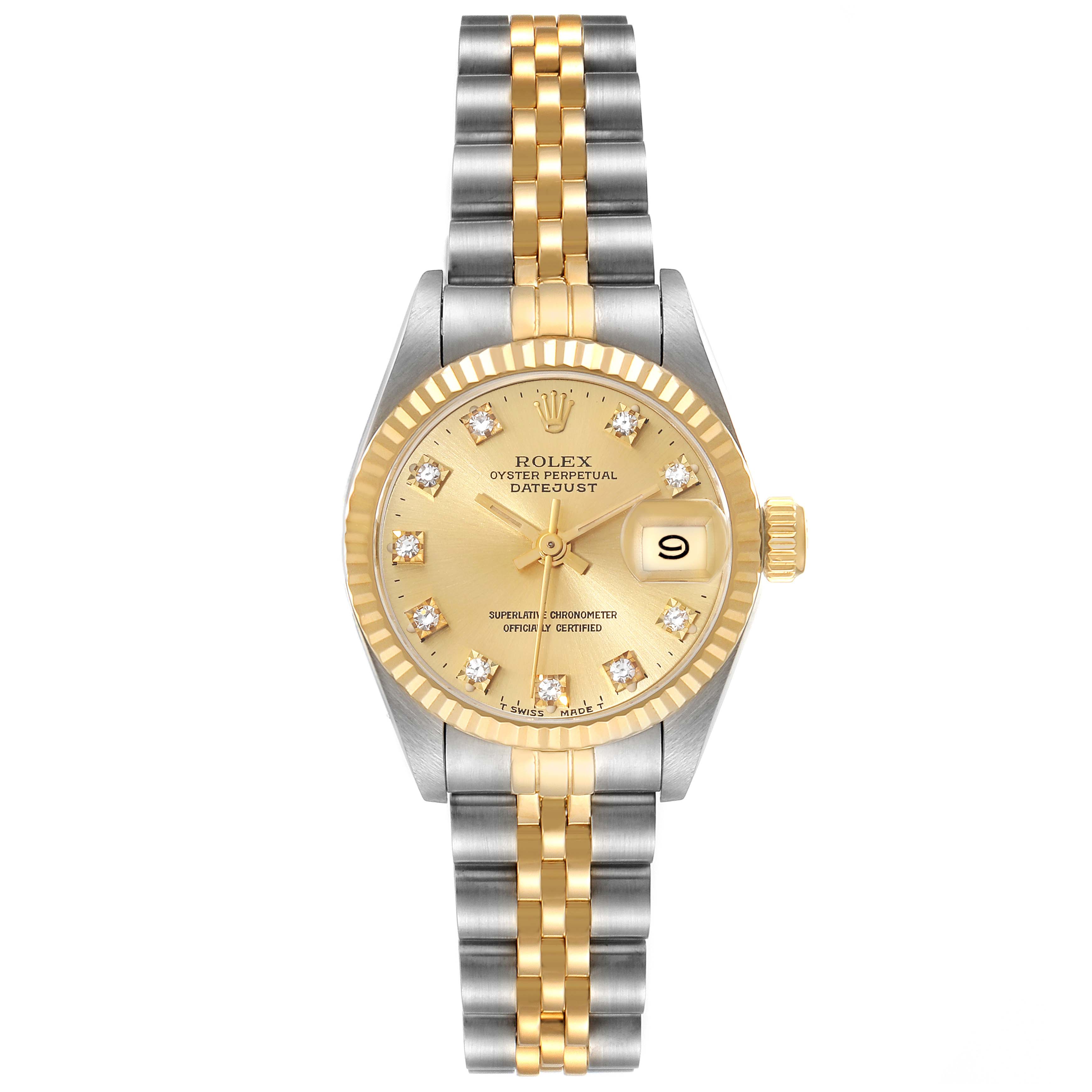 The Rolex Datejust 69173G Women's Steel and Gold (two tone) Champagne Dial 69173G Women's Steel and Gold (two tone) Champagne Dial watch is shown from a straight-on angle, displaying its face, bezel, bracelet, and crown.