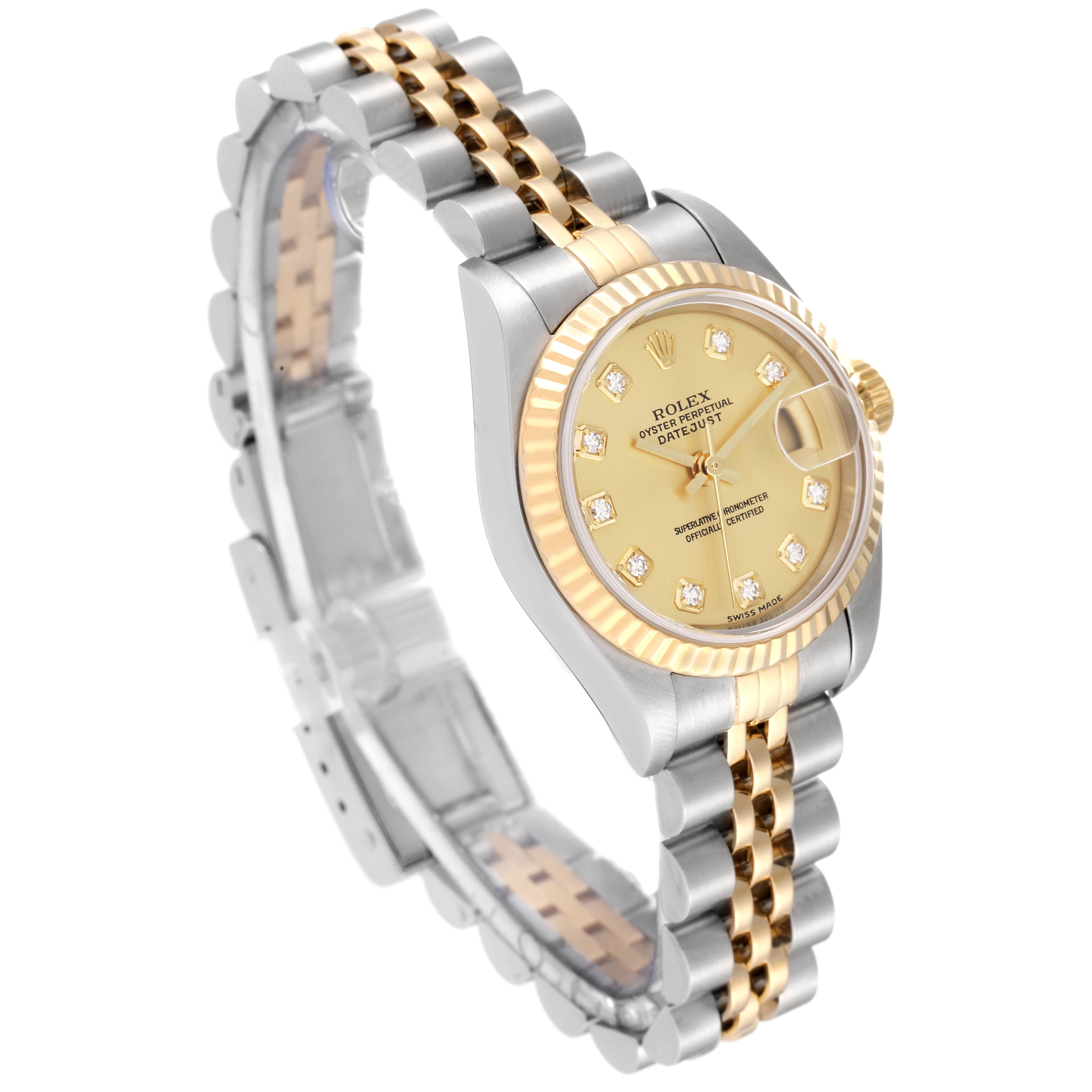 The image shows a Rolex Datejust 79173G Women's Steel and Gold (two tone) Champagne Dial 79173G Women's Steel and Gold (two tone) Champagne Dial watch at a tilted angle, highlighting the dial, bezel, and two-tone bracelet.