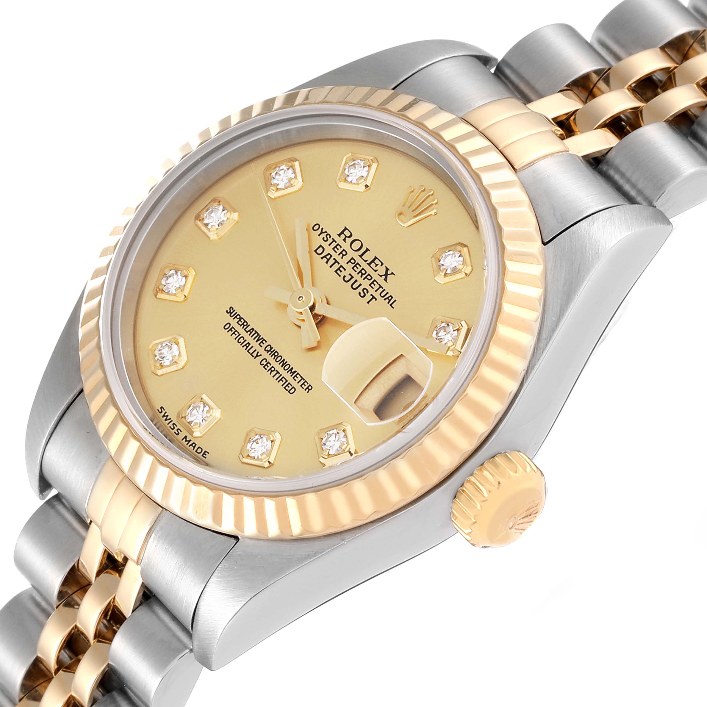 The image shows a Rolex Datejust 79173G Women's Steel and Gold (two tone) Champagne Dial 79173G Women's Steel and Gold (two tone) Champagne Dial watch from a three-quarter angle, highlighting its dial, crown, bezel, and bracelet.