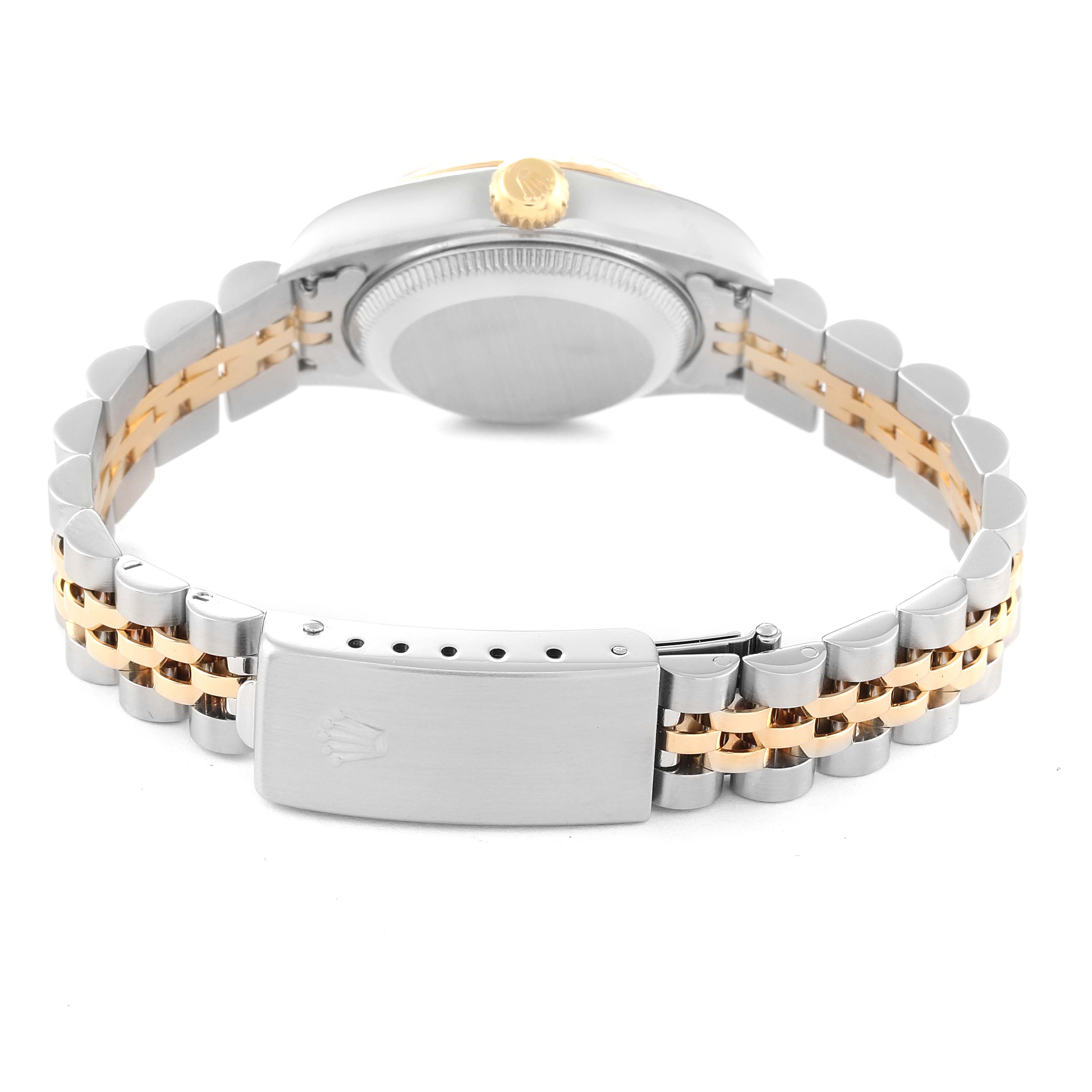 The image shows the back view of a Rolex Datejust 79173G Women's Steel and Gold (two tone) Champagne Dial 79173G Women's Steel and Gold (two tone) Champagne Dial watch, highlighting the bracelet and clasp.