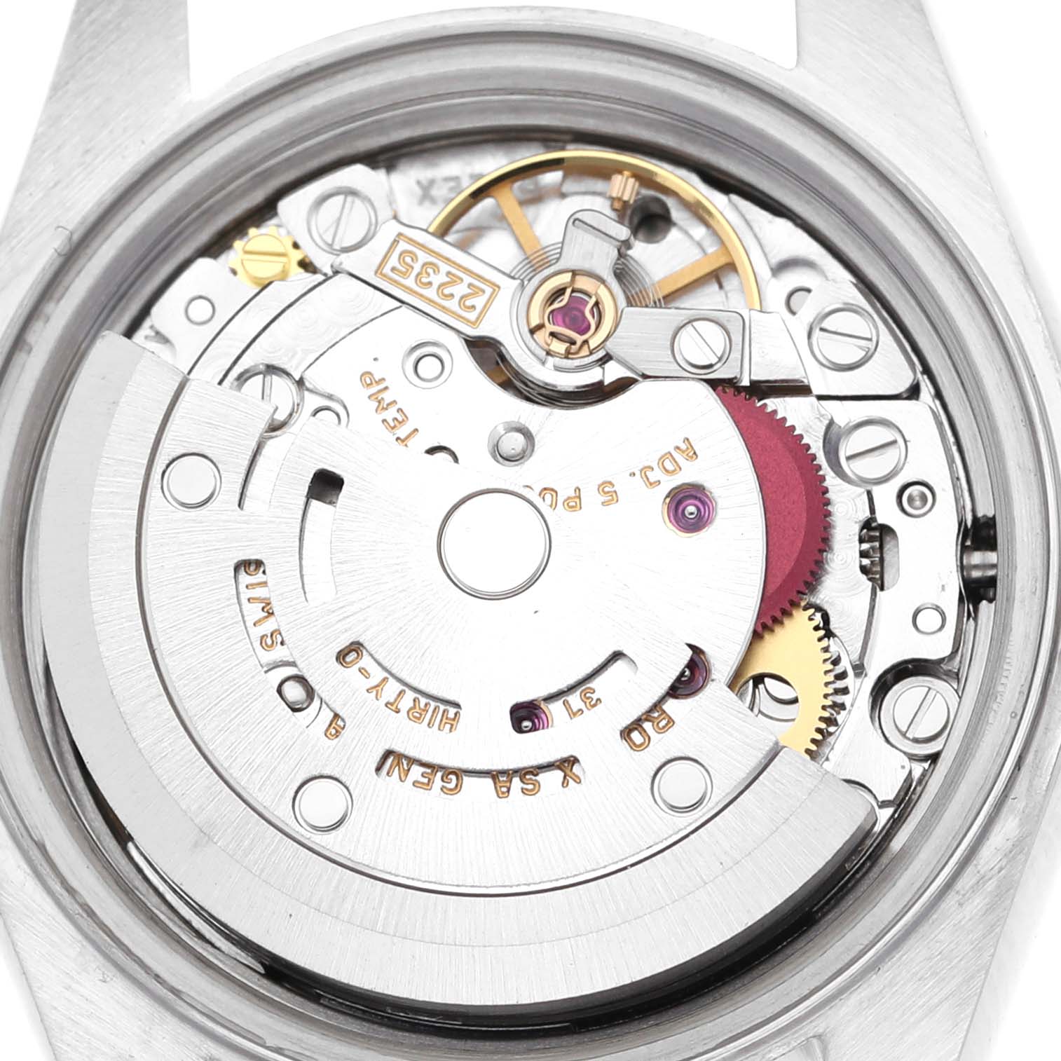 This image shows a detailed view of the inner movement mechanism of a Rolex Datejust 79173G Women's Steel and Gold (two tone) Champagne Dial 79173G Women's Steel and Gold (two tone) Champagne Dial watch.