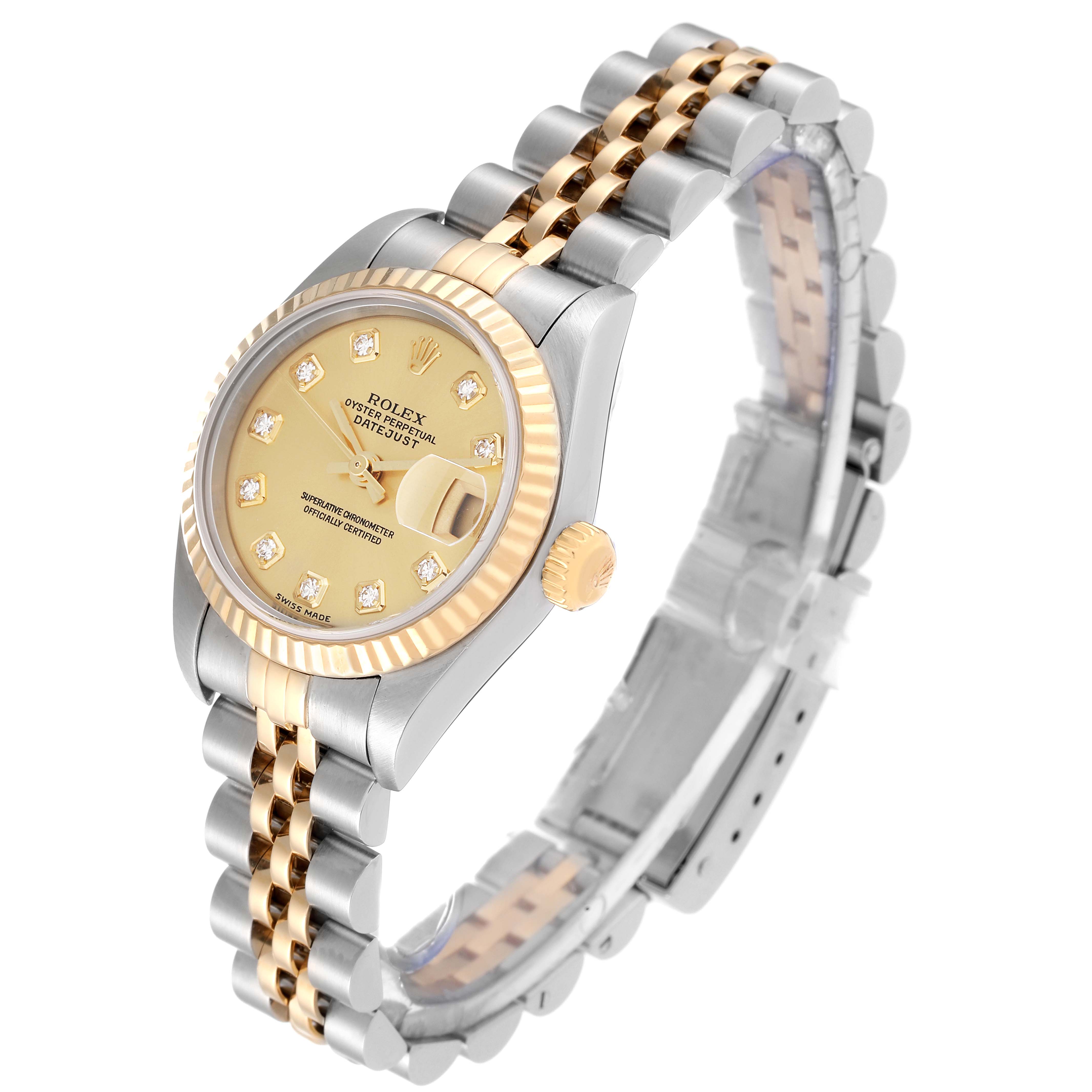 This image shows a Rolex Datejust 79173G Women's Steel and Gold (two tone) Champagne Dial 79173G Women's Steel and Gold (two tone) Champagne Dial watch at a three-quarter angle, highlighting its dial, bezel, crown, and bracelet.