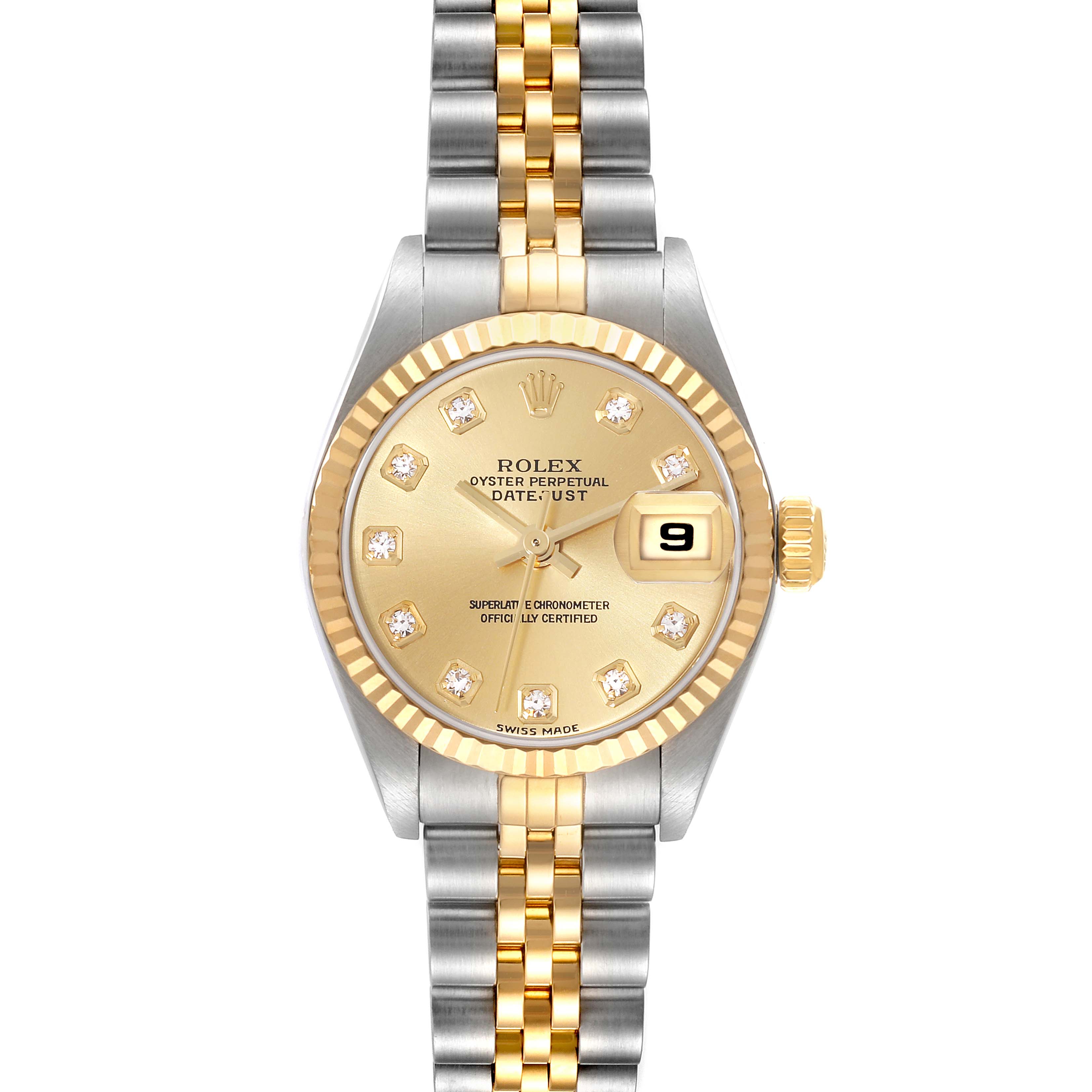 This is a front view of a Rolex Datejust 79173G Women's Steel and Gold (two tone) Champagne Dial 79173G Women's Steel and Gold (two tone) Champagne Dial watch, showing its gold dial, fluted bezel, and two-tone bracelet.
