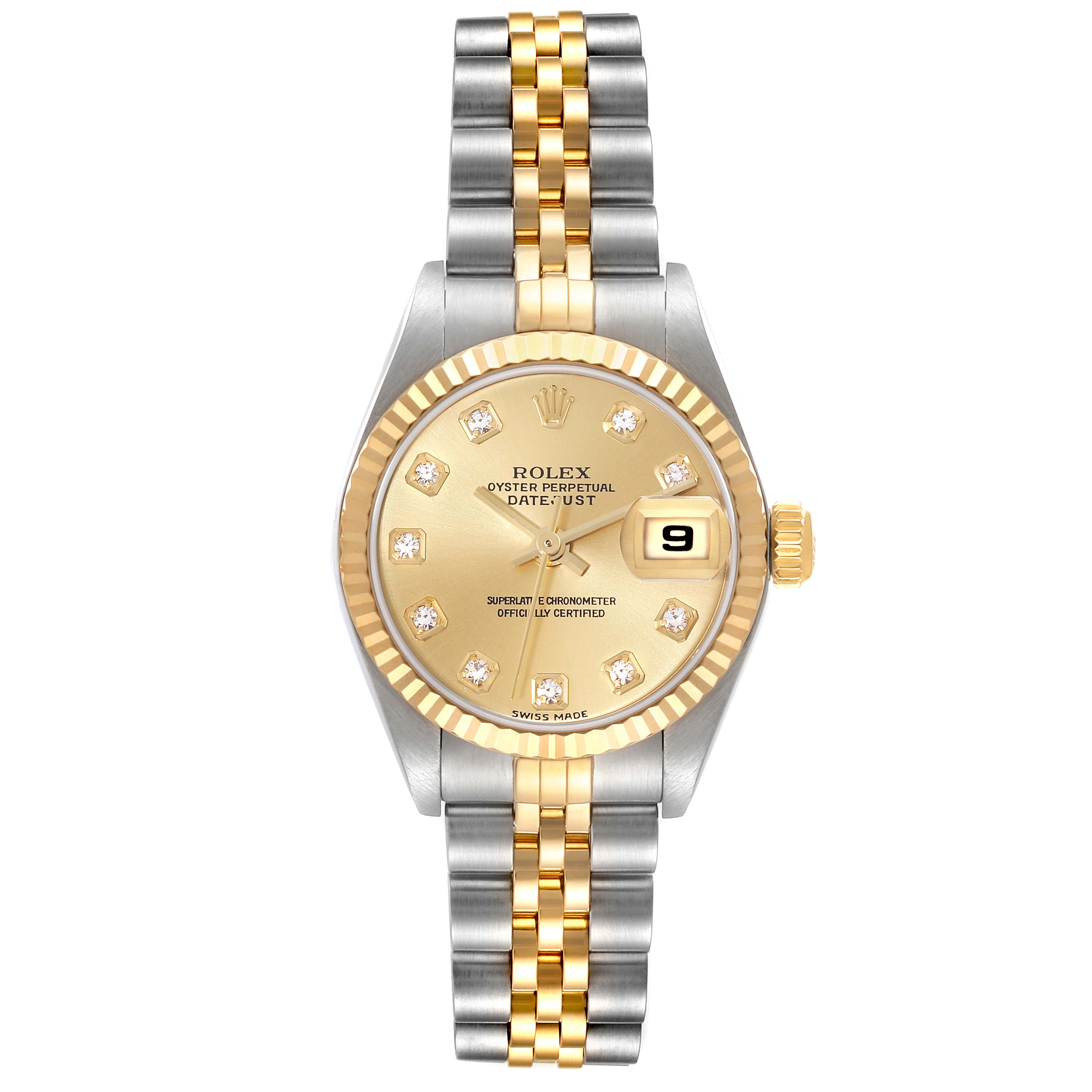 This image shows a Rolex Datejust 79173G Women's Steel and Gold (two tone) Champagne Dial 79173G Women's Steel and Gold (two tone) Champagne Dial watch from the front, highlighting its gold dial, date window, and two-tone bracelet.